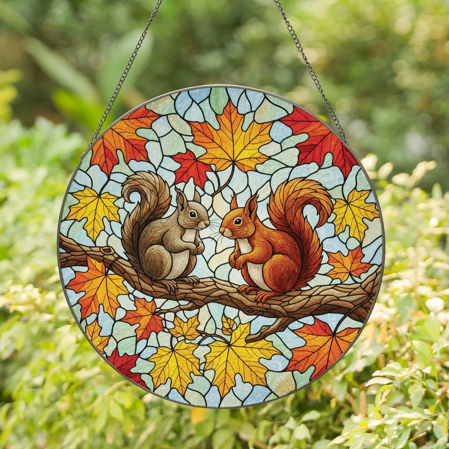 Squirrels Autumn Maple Leaves Branch - Home Decor Gift for Wildlife Lover Stained Glass Suncatcher - 1