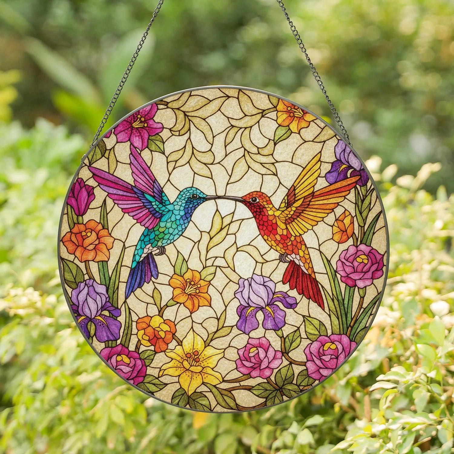 Hummingbirds Floral Stained Glass Mosaic - Home Decor Gift for Bird Lover Stained Glass Suncatcher - 1