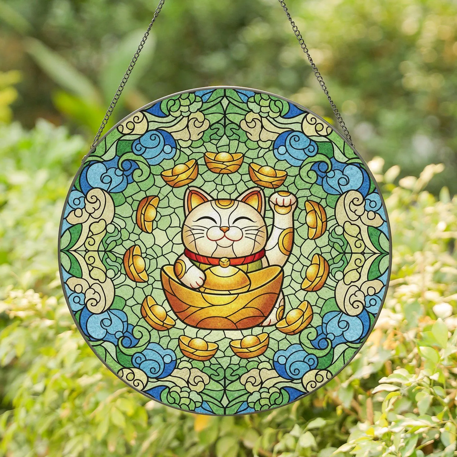Maneki-neko Cat Golden Ingot Yuanbao Auspicious Cloud - Good Fortune Home Decor for Cat Lover Stained Glass Suncatcher - 1