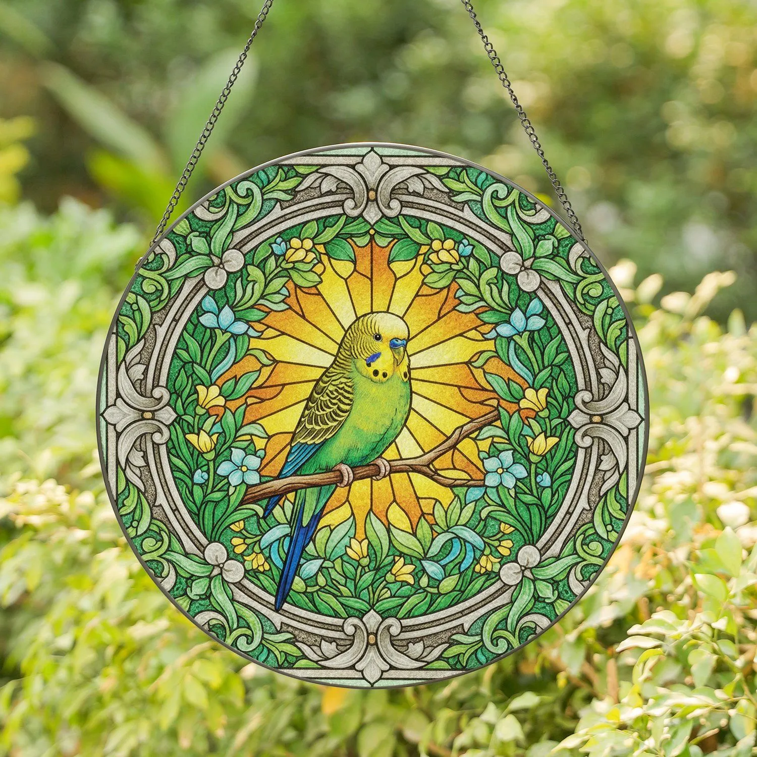 Budgerigar Stained Glass Sunburst Scrollwork - Home Decor Gift for Bird Lovers Stained Glass Suncatcher - 1