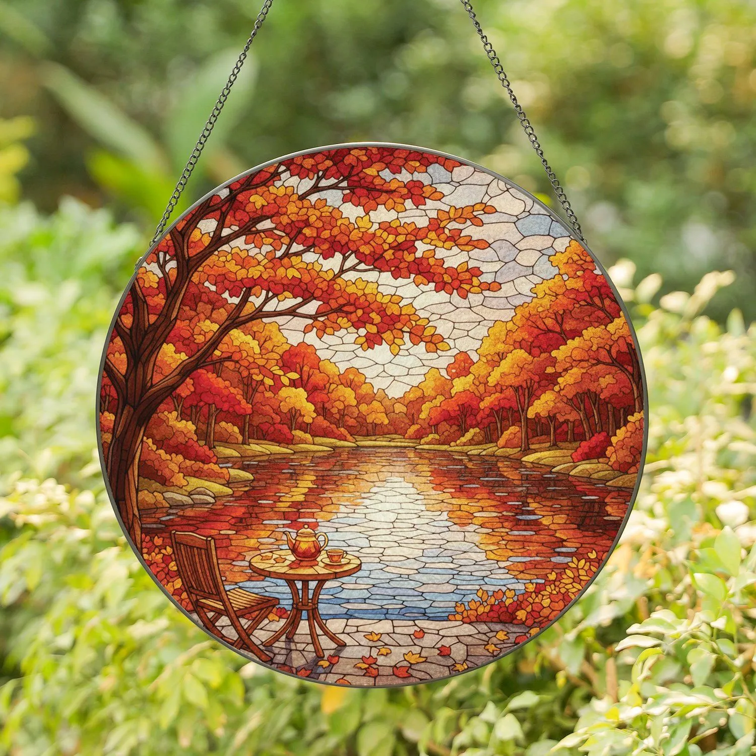 Autumn Pond Landscape Teatime Patio with Fall Foliage - Fall Home Decor Gift Stained Glass Suncatcher - 1