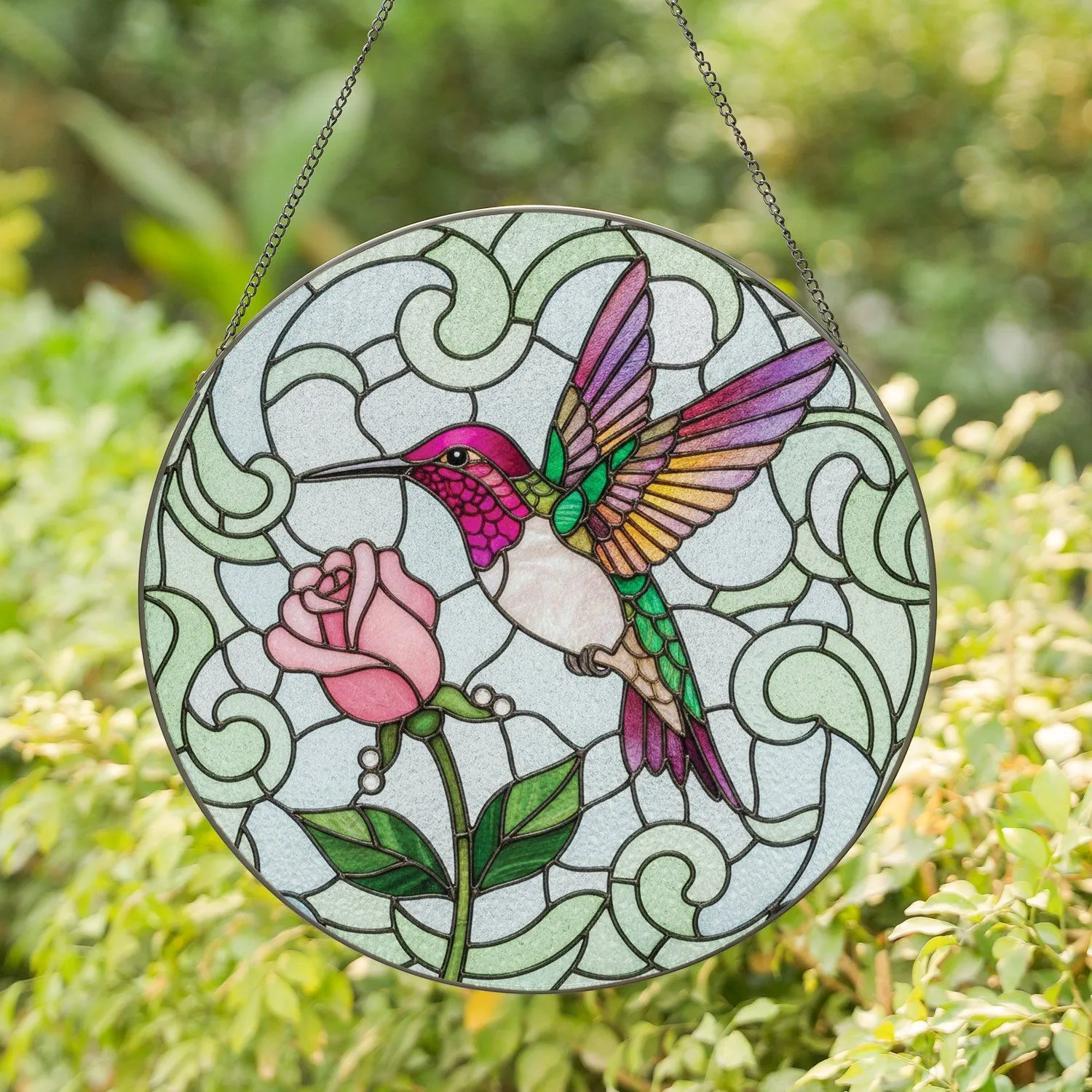 Magenta Hummingbird Rose Bud Metallic Wire Foliage - Home Decor Gift for Wildlife Lover Stained Glass Suncatcher - 1