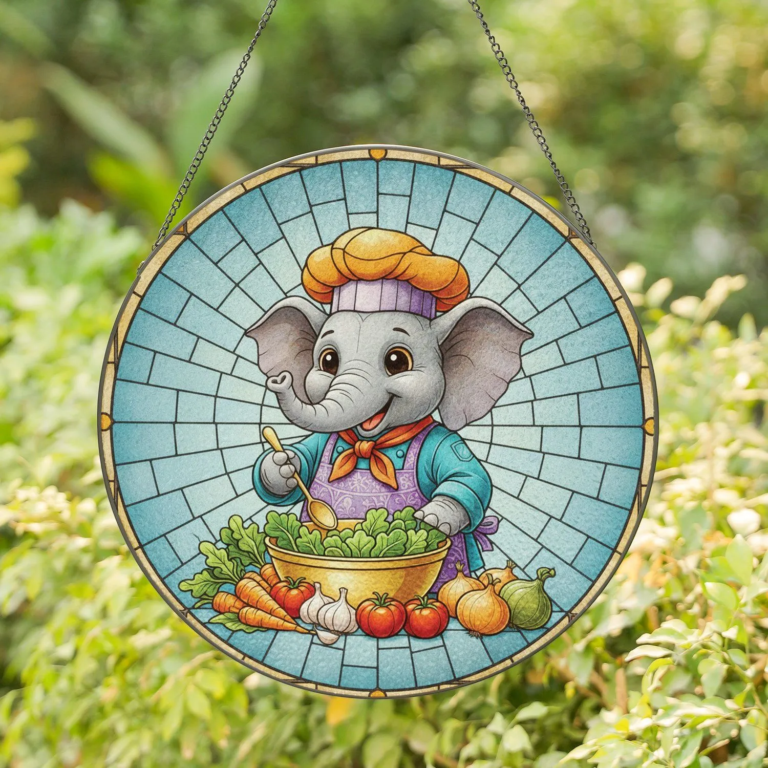 Elephant Chef Mixing Vegetables - Kitchen Decor Gift for Cooking Enthusiast Stained Glass Suncatcher - 1