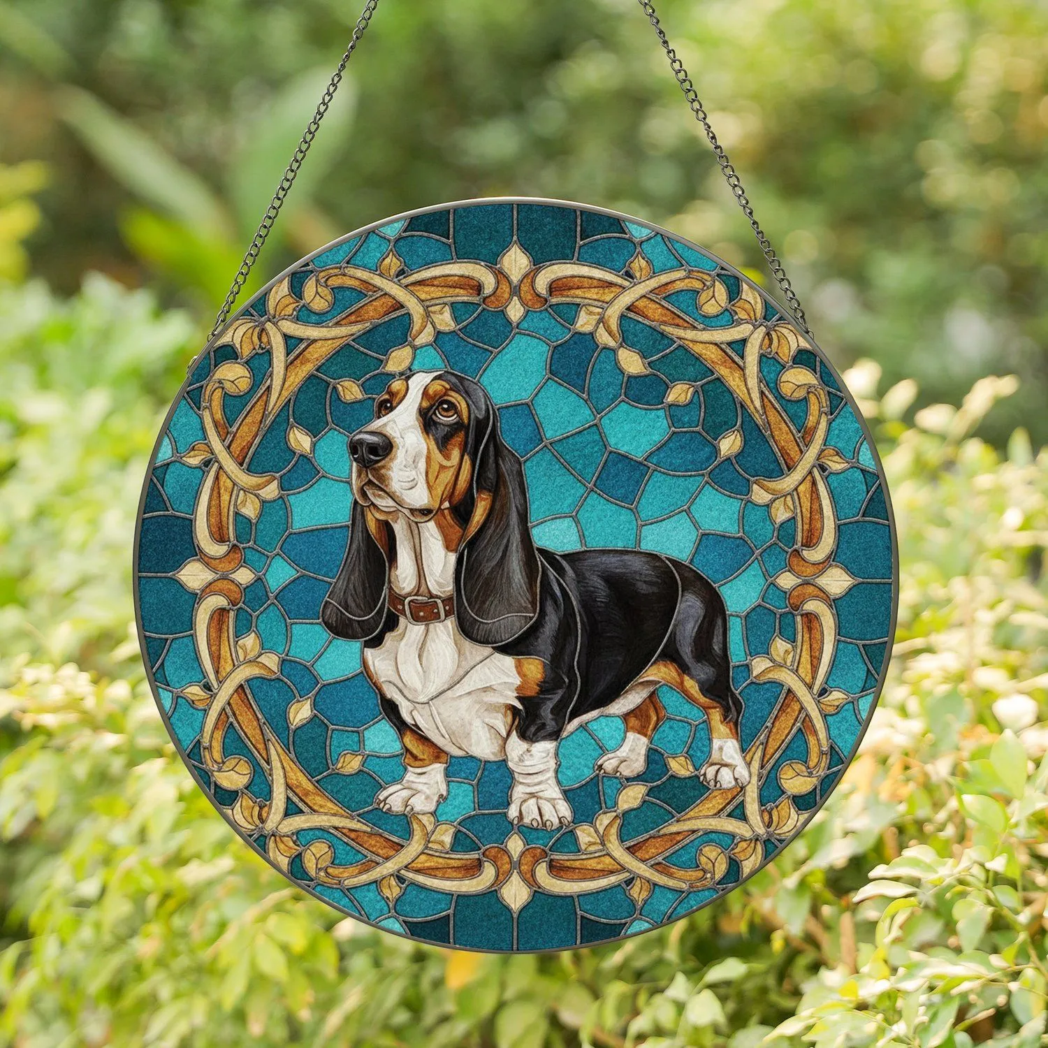 Basset Hound Dog Amber Scrollwork Teal Background - Home Decor Gift for Dog Lovers Stained Glass Suncatcher - 1