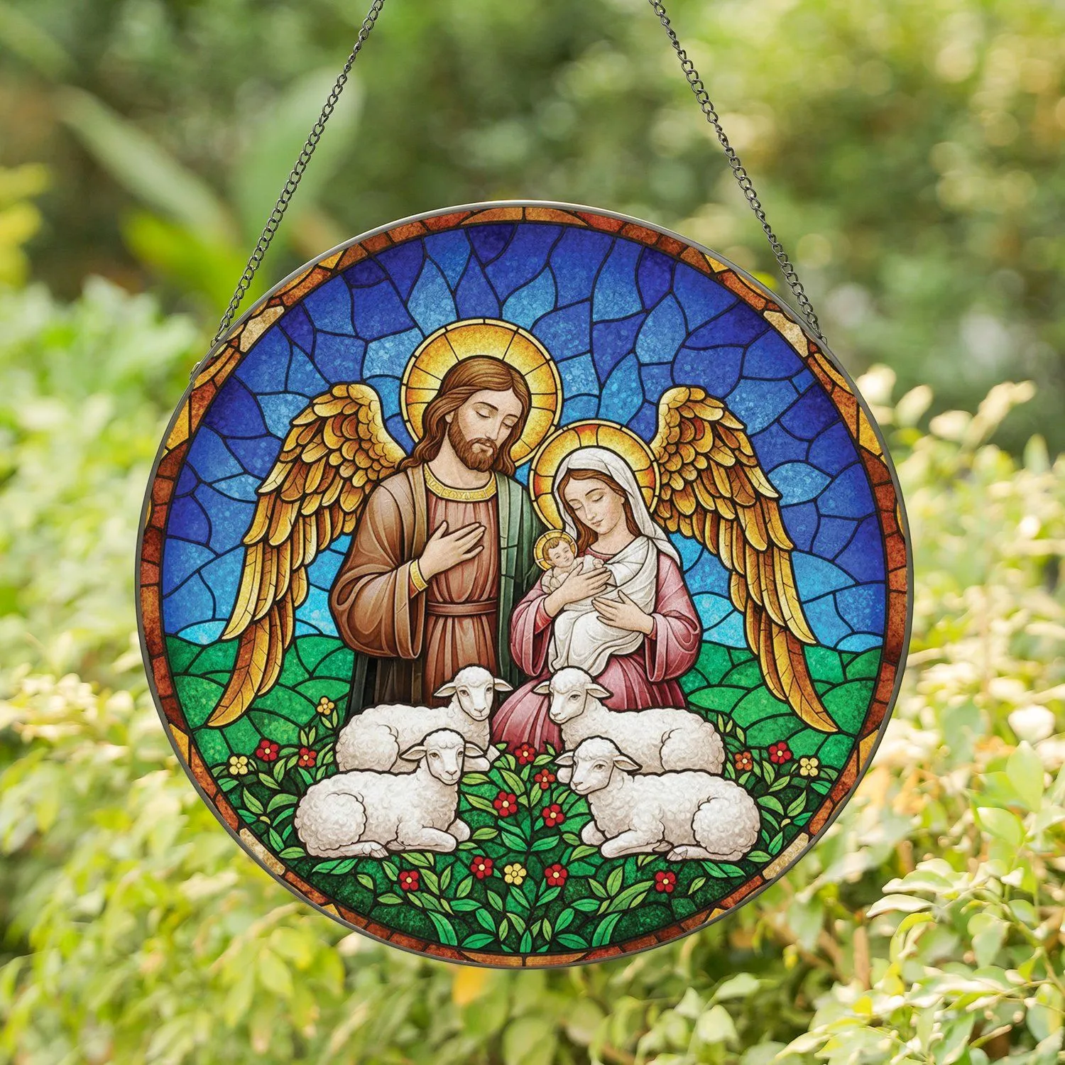 Holy Family Baby Jesus Angelic Sheep - Christmas Home Decor Gift Stained Glass Suncatcher - 1