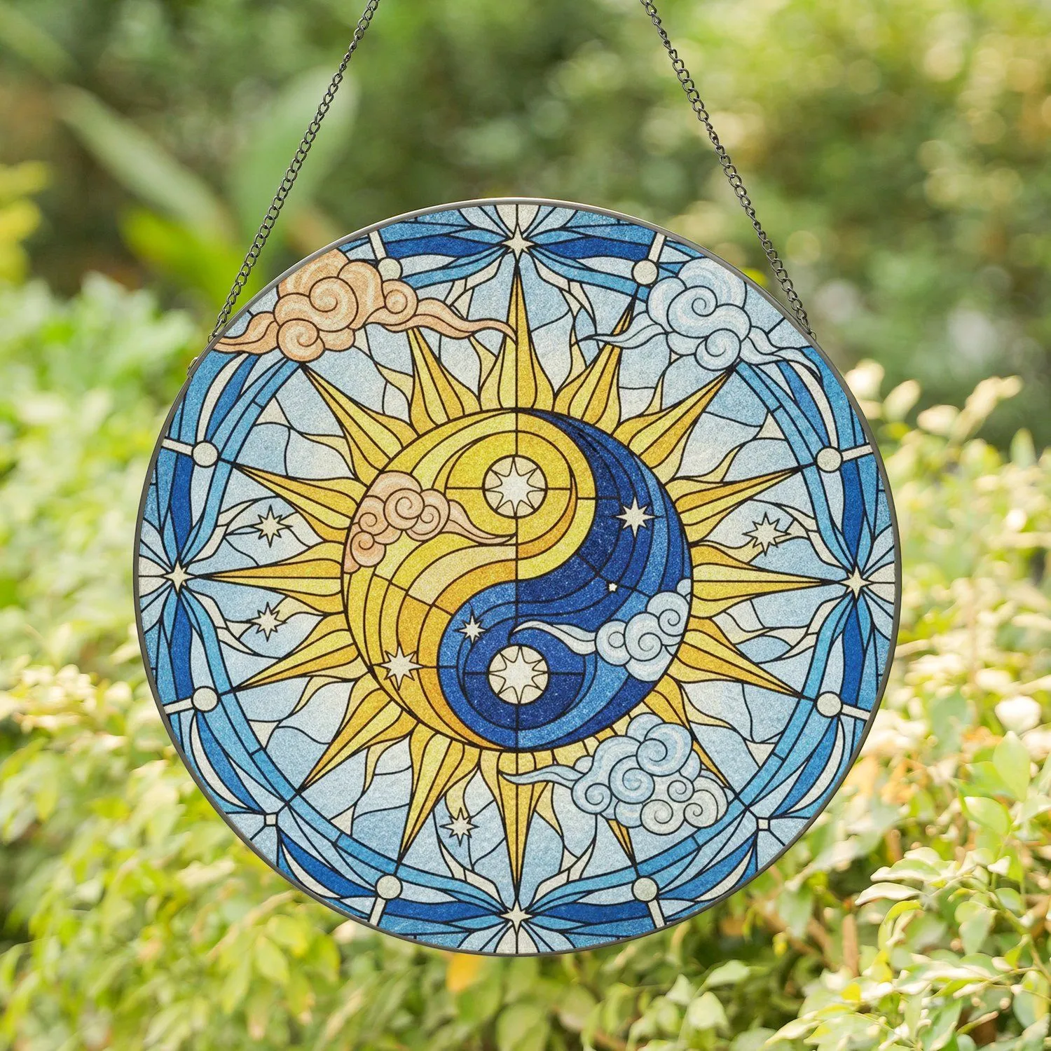 Yin Yang Symbol Radiant Sun Crescent Moon Celestial Stars Clouds Swirls - Home Decor Gift Stained Glass Suncatcher - 1