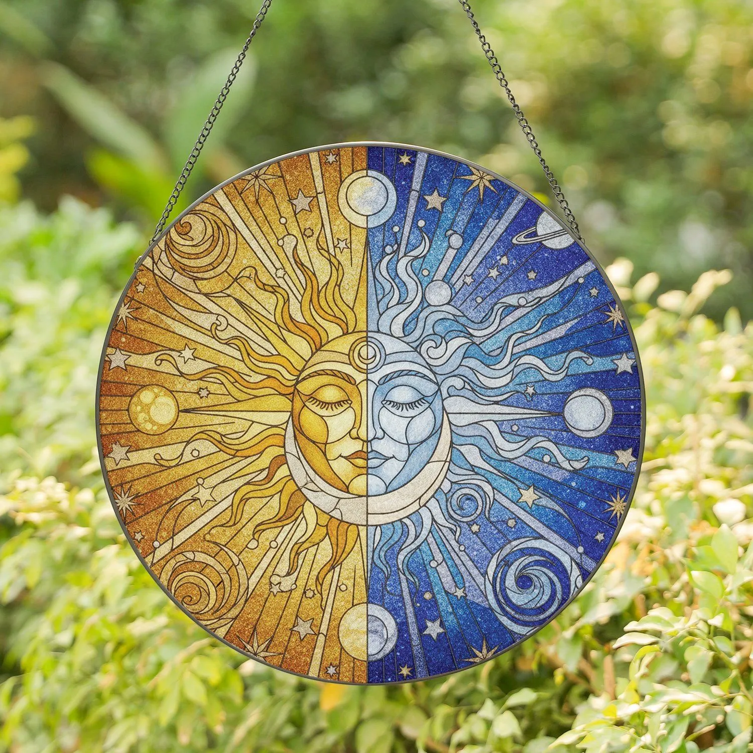 Golden Sun Silver Moon Split Face Celestial Stars Planets Cosmic Swirls - Home Decor Gift Stained Glass Suncatcher - 1
