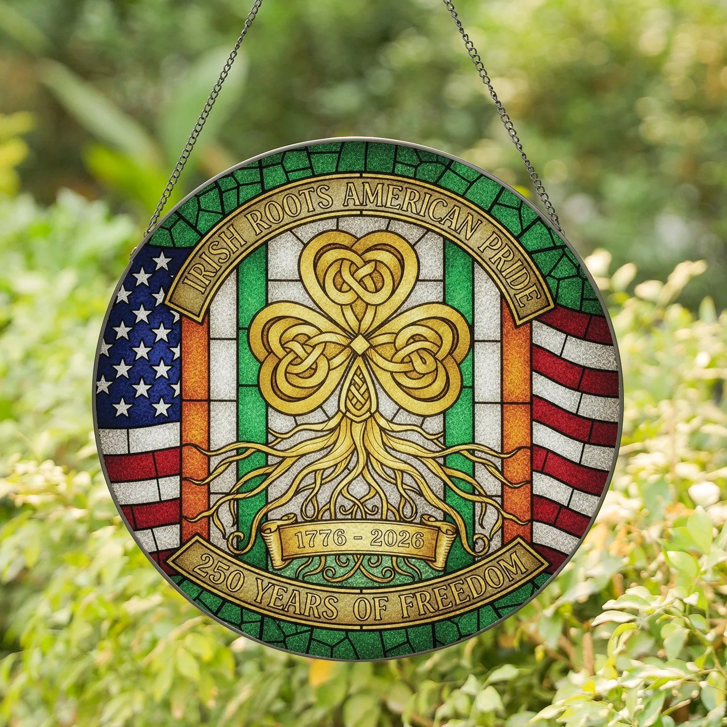 Golden Celtic Knot Shamrock Irish American Flag - 250th Anniversary Commemoration Stained Glass Suncatcher - 1