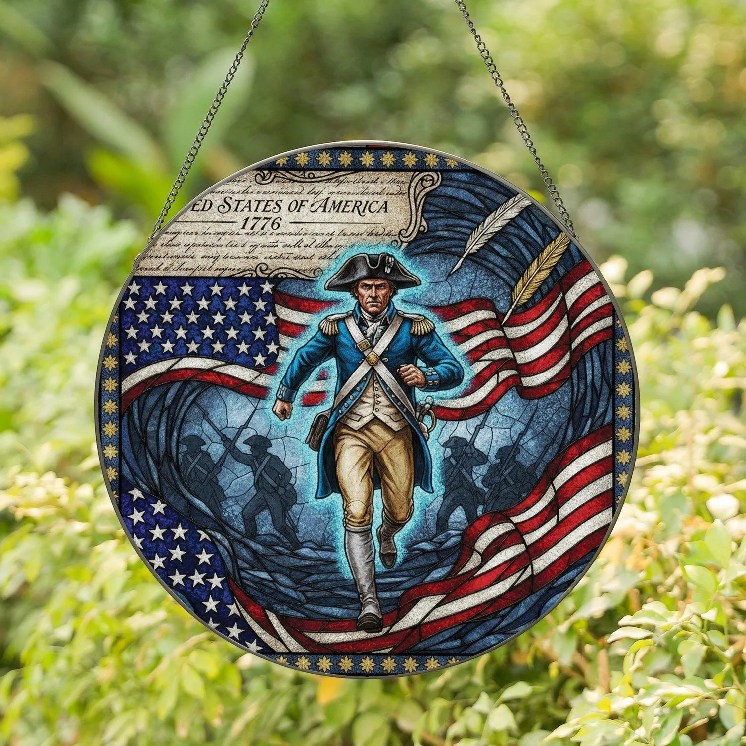 Colonial Soldier Continental Army American Flag - Independence Day Gift for Veterans Stained Glass Suncatcher - 1