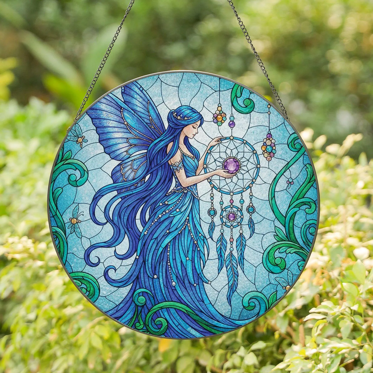 Fairy Blue Butterfly Dreamcatcher Amethyst Gem Leafy Forms Insect Accents - Home Decor Gift Stained Glass Suncatcher - 1