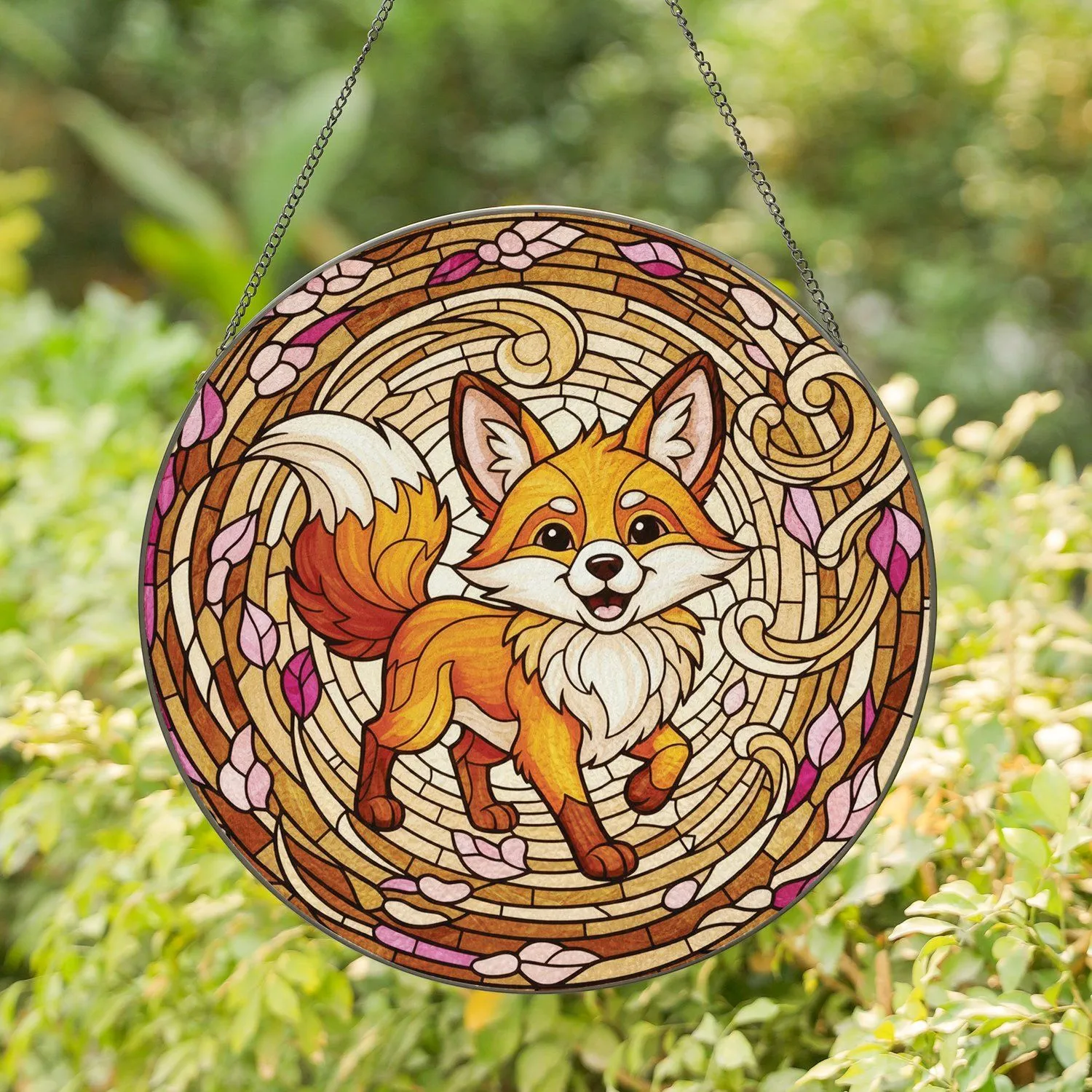 Fox-Dog Hybrid Wind Sun Rays Leaf Blossom - Home Decor Gift for Fox Lover Stained Glass Suncatcher - 1