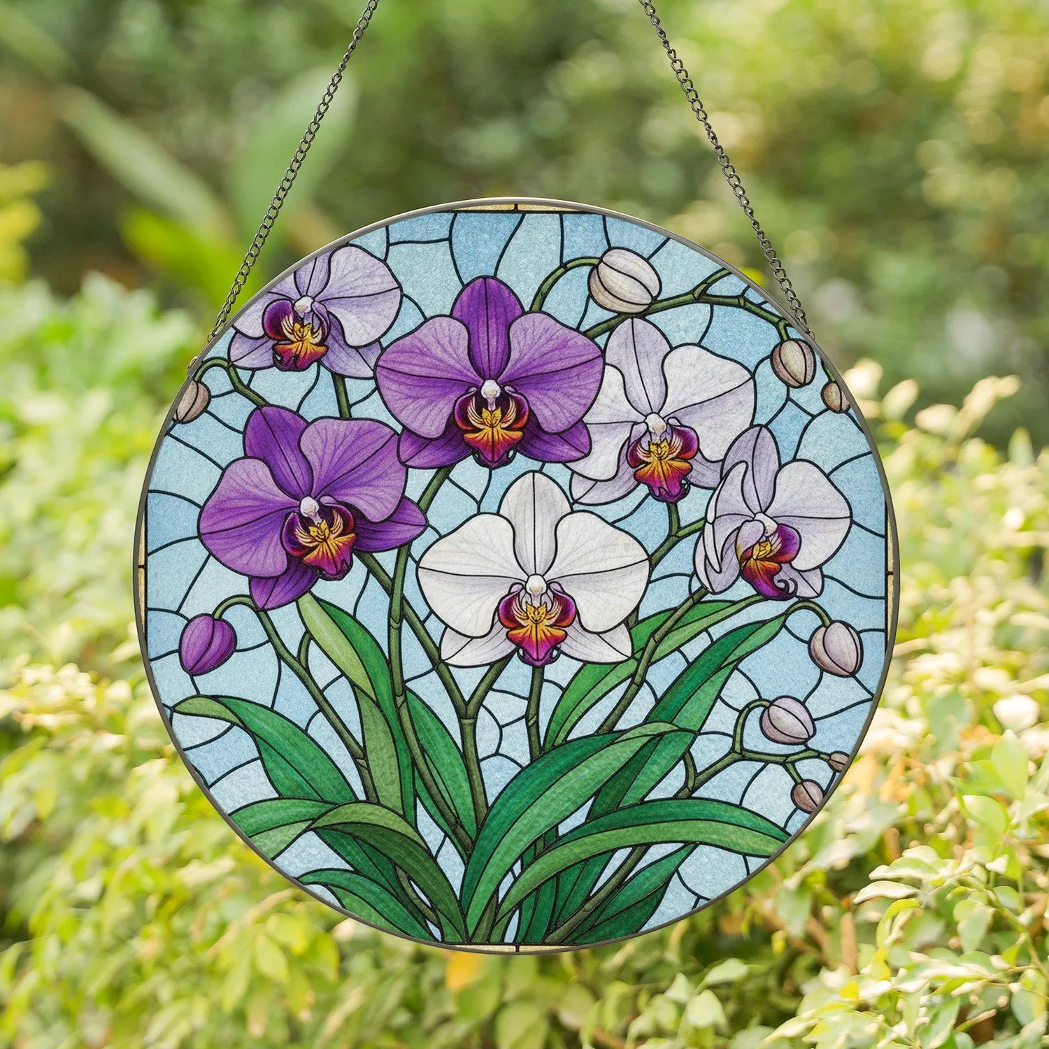 Purple Lavender White Orchid Flowers Emerald Leaves Sky Blue Mosaic - Home Decor Gift Stained Glass Suncatcher - 1