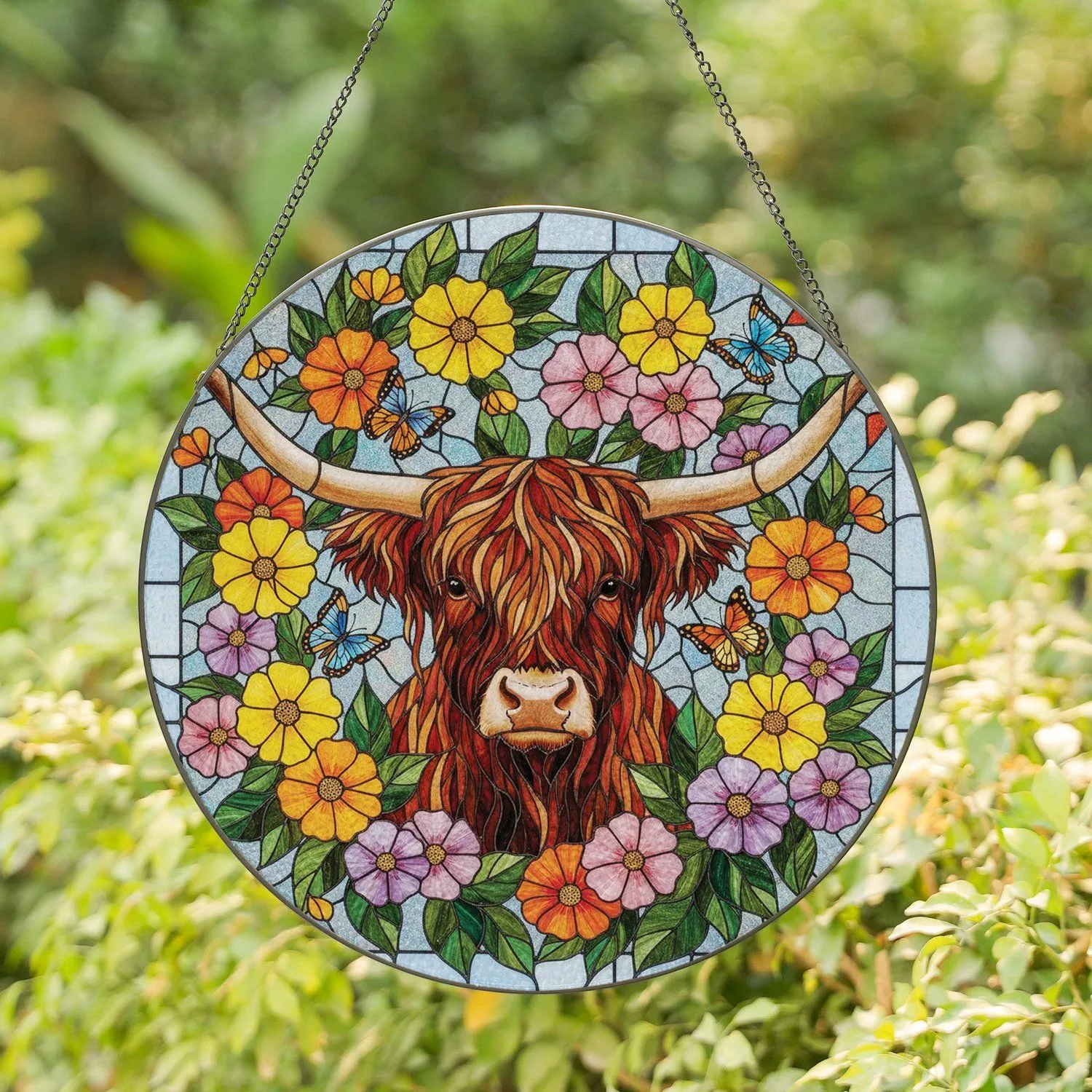 Highland Cow Wildflower - Farmhouse Decor Gift for Cow Lover Stained Glass Suncatcher - 1