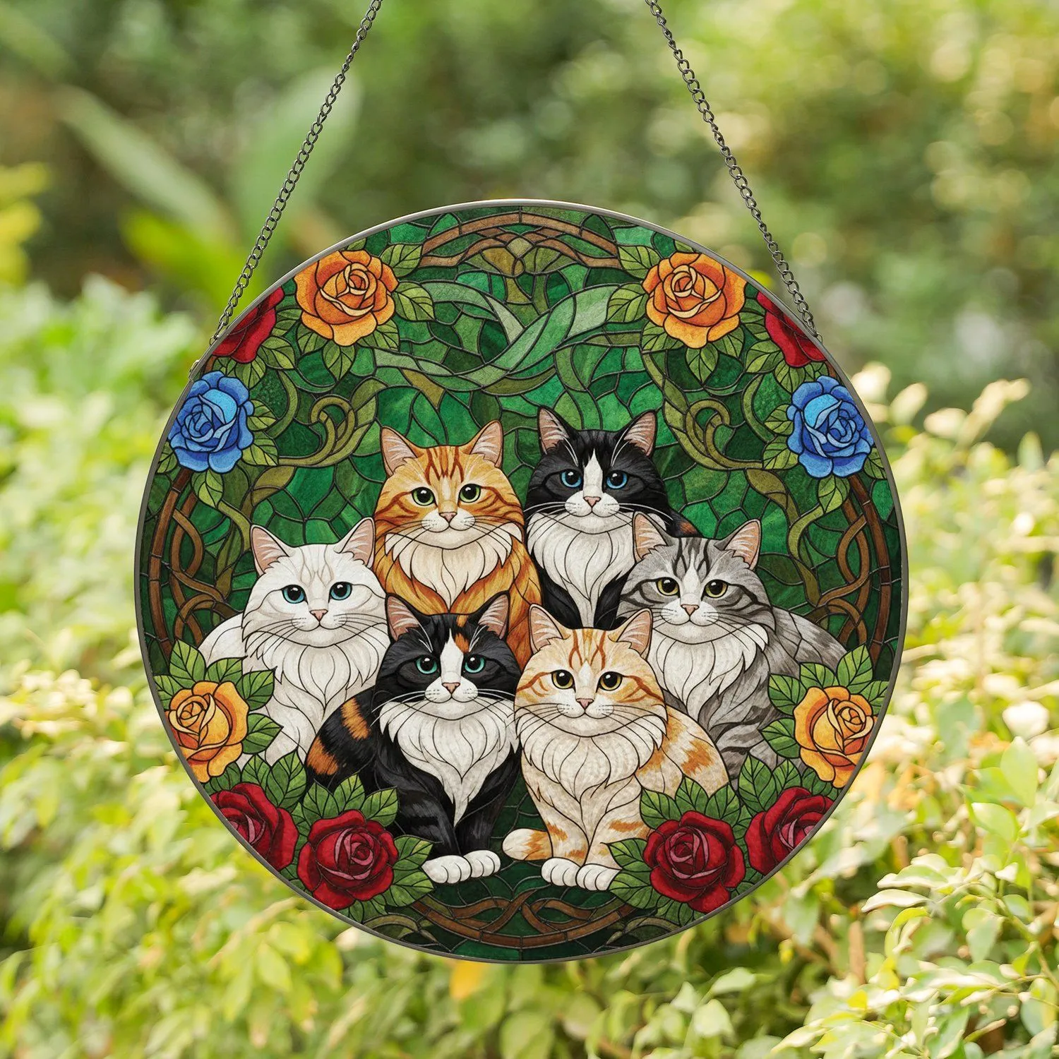 Seven Cats Blooming Roses Geometric Mosaic - Home Decor Gift for Cat Lover Stained Glass Suncatcher - 1