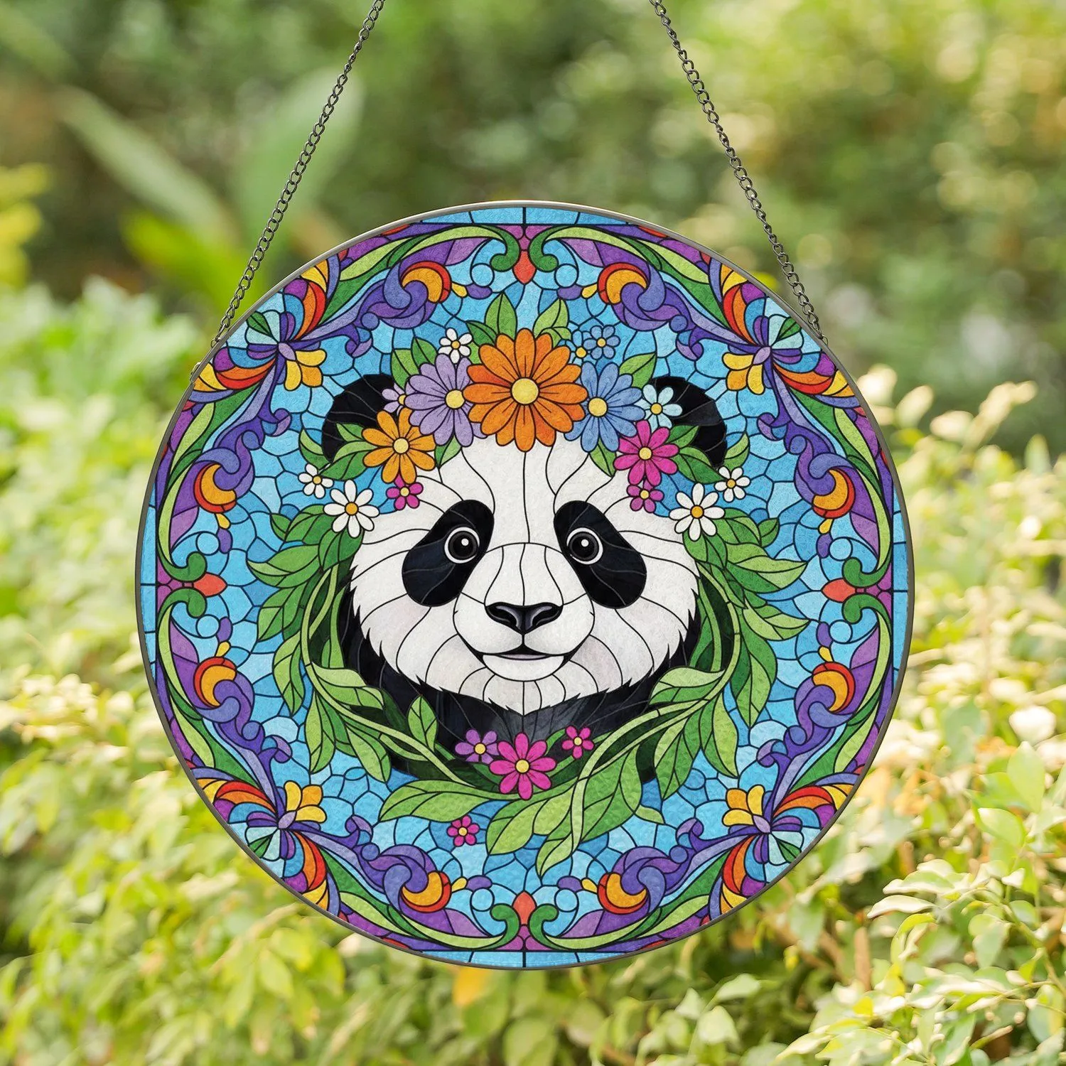 Giant Panda Wildflower Crown - Home Decor Gift for Panda Lovers Stained Glass Suncatcher - 1