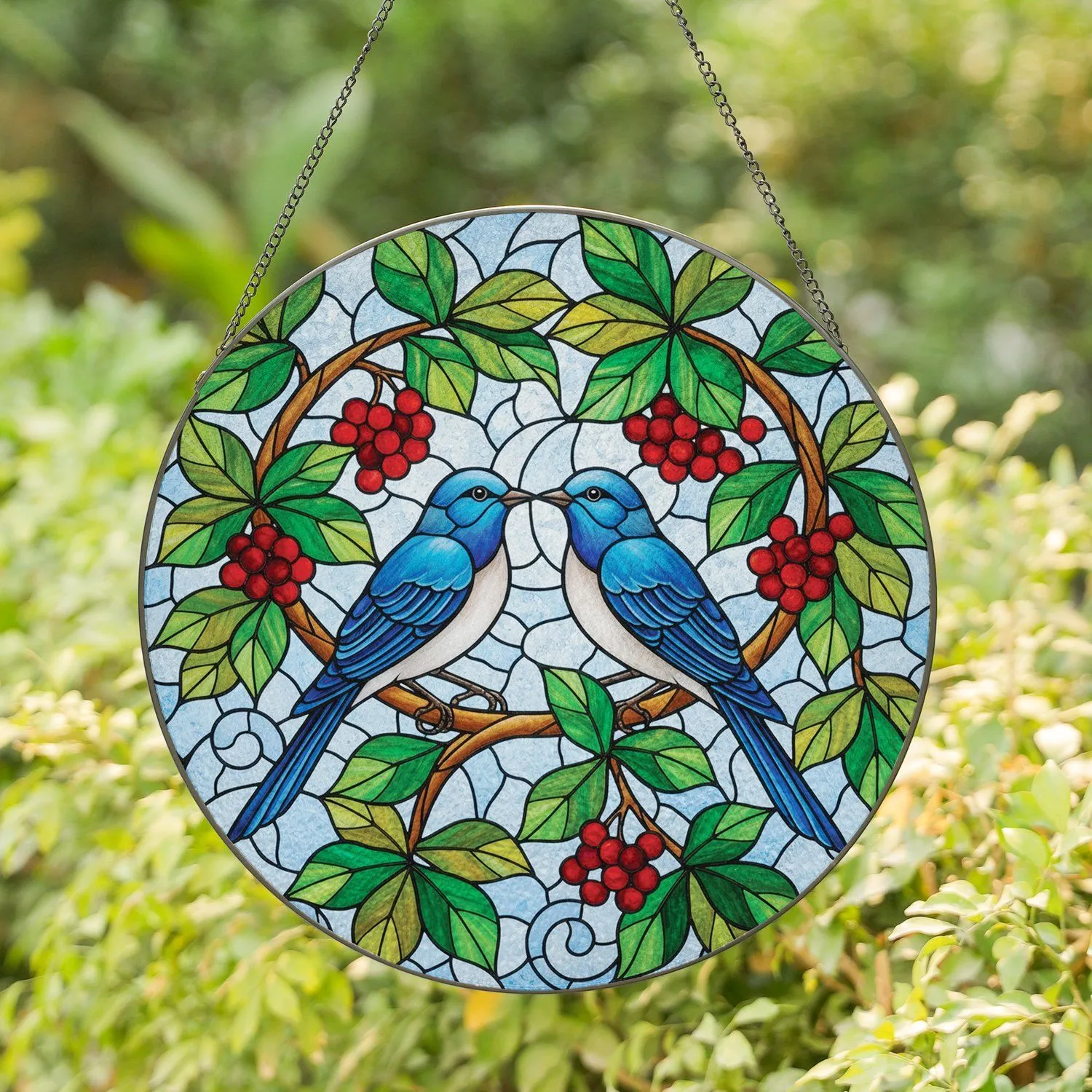Blue Songbirds Branch Red Berries - Home Decor Gift for Bird Lovers Stained Glass Suncatcher - 1