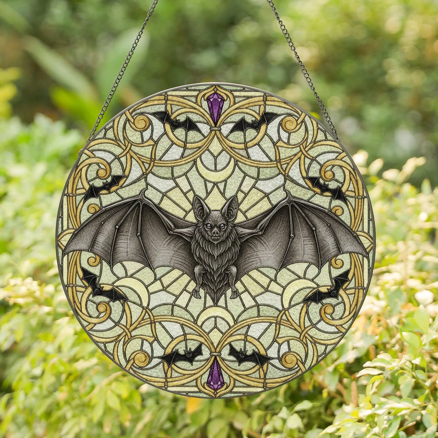 Detailed Bat Gothic Filigree Moon - Wildlife Home Decor Gift for Bat Lovers Stained Glass Suncatcher - 1