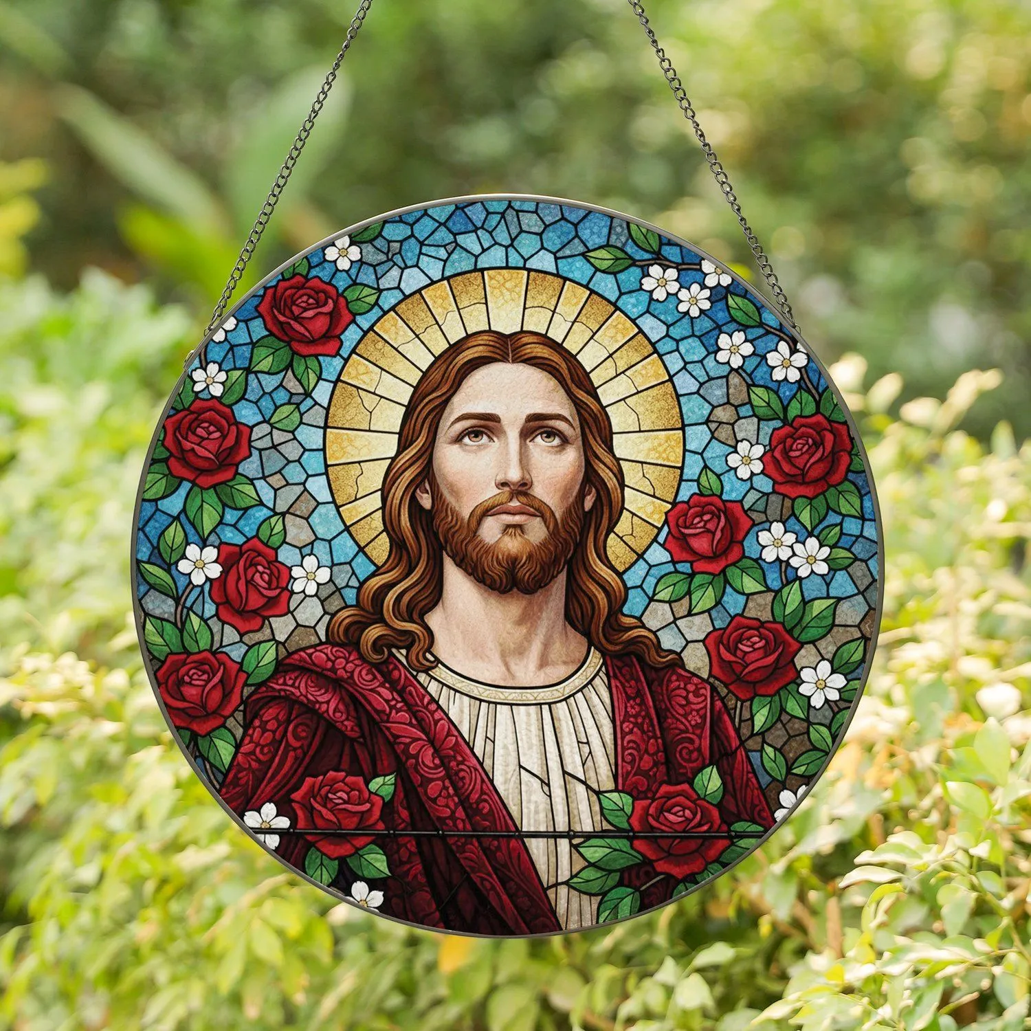 Jesus Christ Bust Rose Bloom Foliage Mosaic Halo - Home Decor Gift for Faith Lover Stained Glass Suncatcher - 1