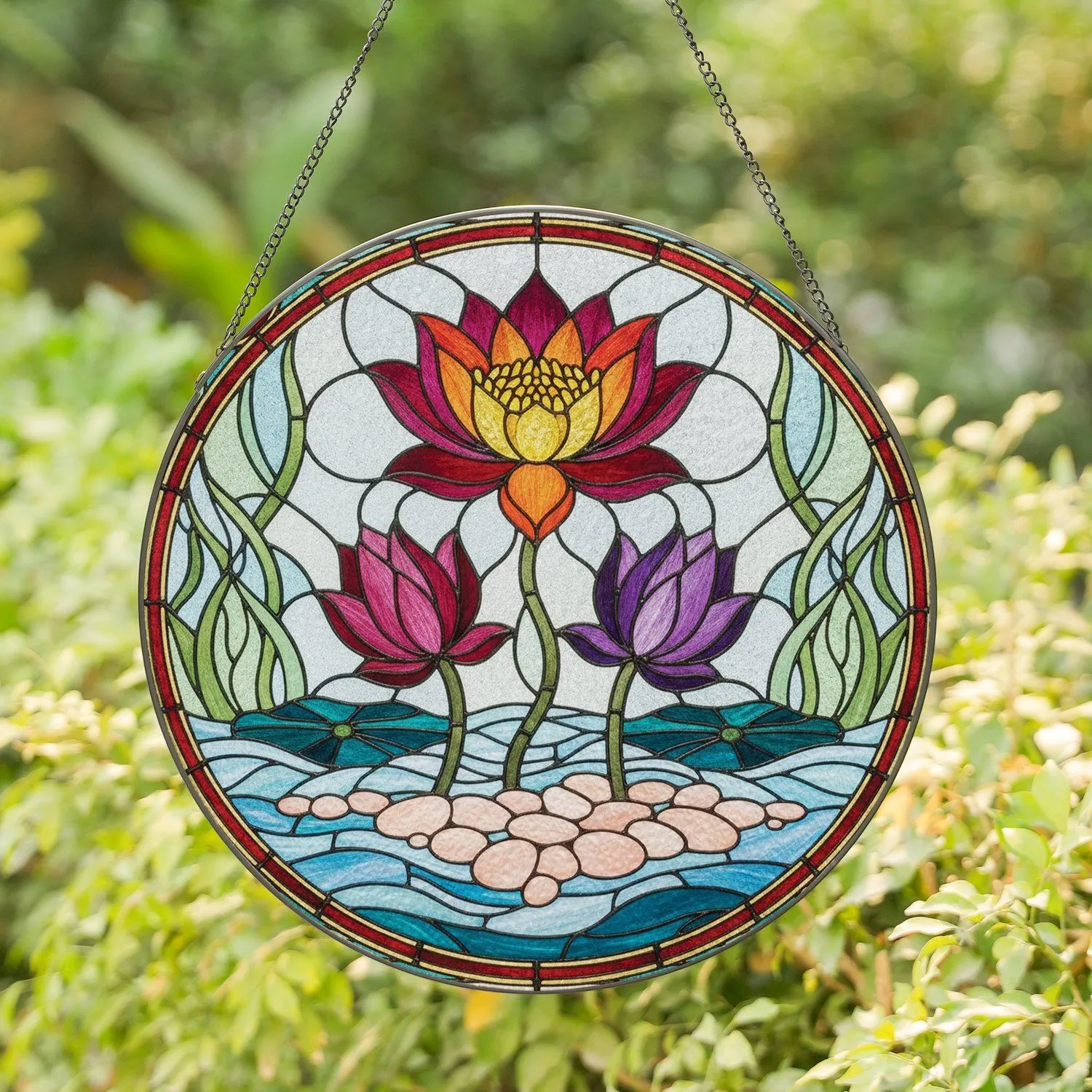 Luminous Three Lotus Flowers Water Pebbles Gold Red Border - Home Decor Gift Stained Glass Suncatcher - 1