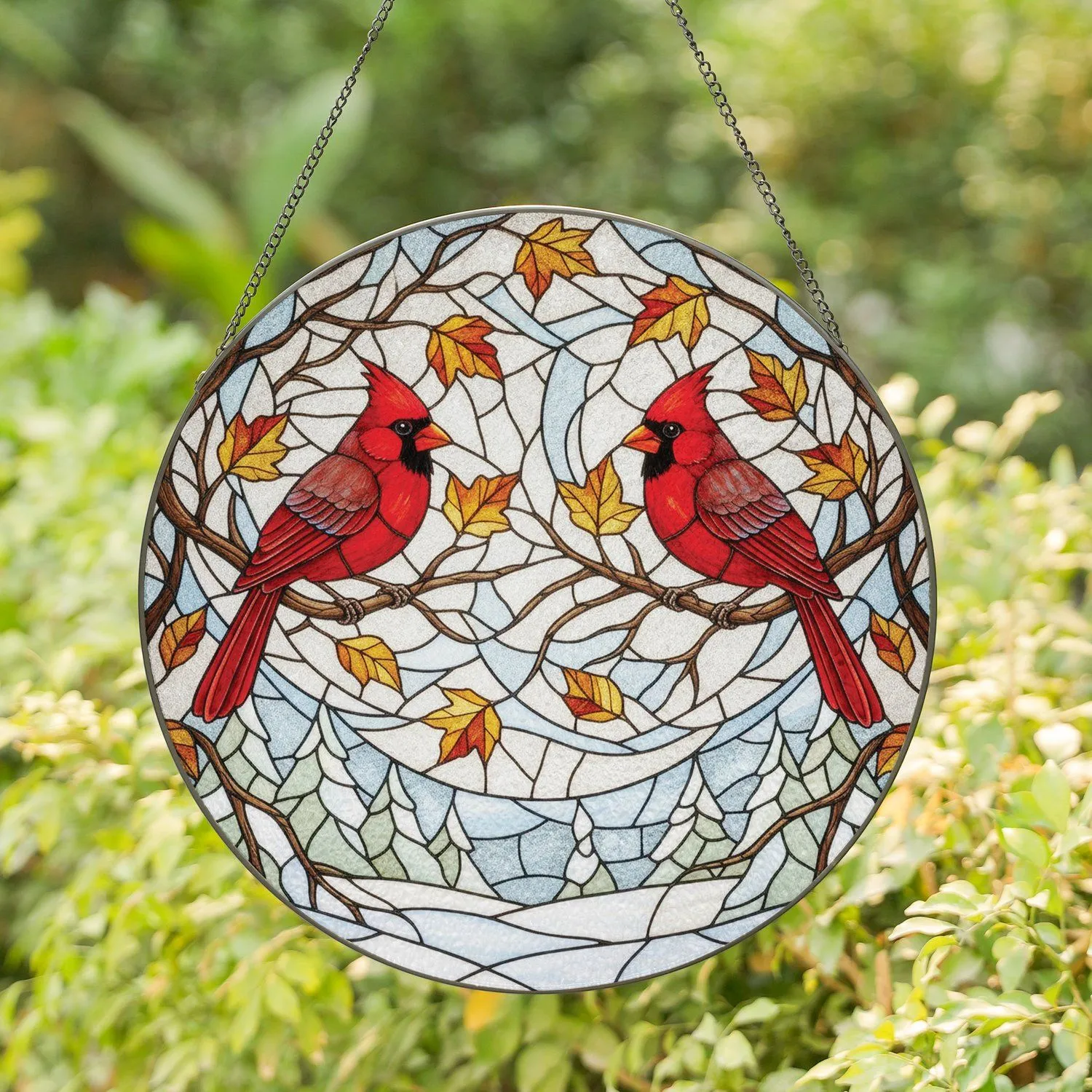 Red Cardinals Autumn Leaves Winter Landscape - Wildlife Lover Home Decor Gift Stained Glass Suncatcher - 1