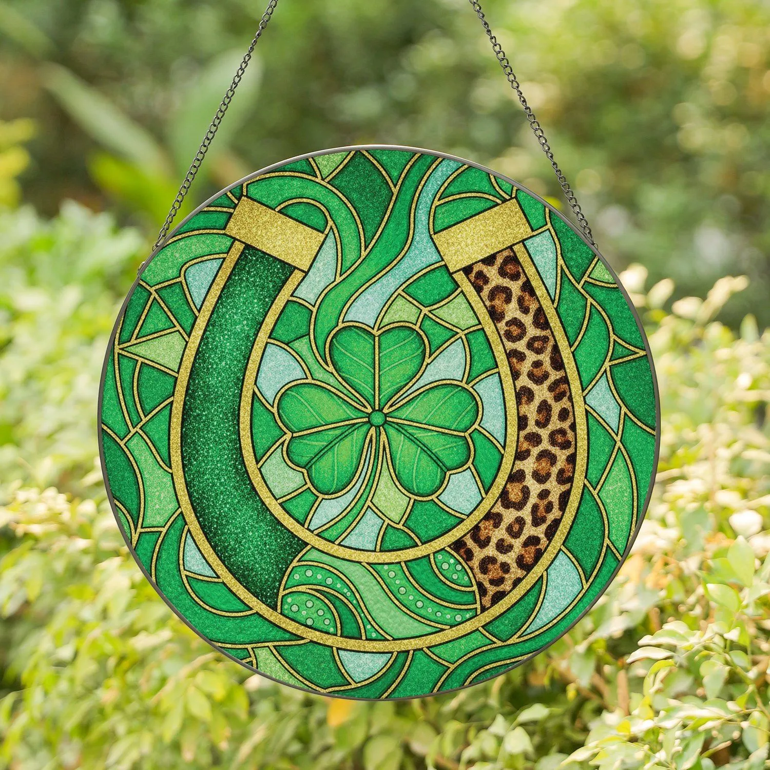 Lucky Horseshoe Four-Leaf Clover Leopard Print Mosaic - Good Luck Home Decor Gift Stained Glass Suncatcher - 1