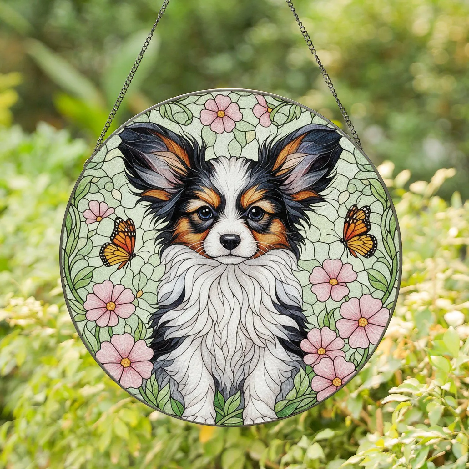Papillon Puppy Stained Glass Flowers Butterflies - Dog Lover Home Decor Gift Stained Glass Suncatcher - 1