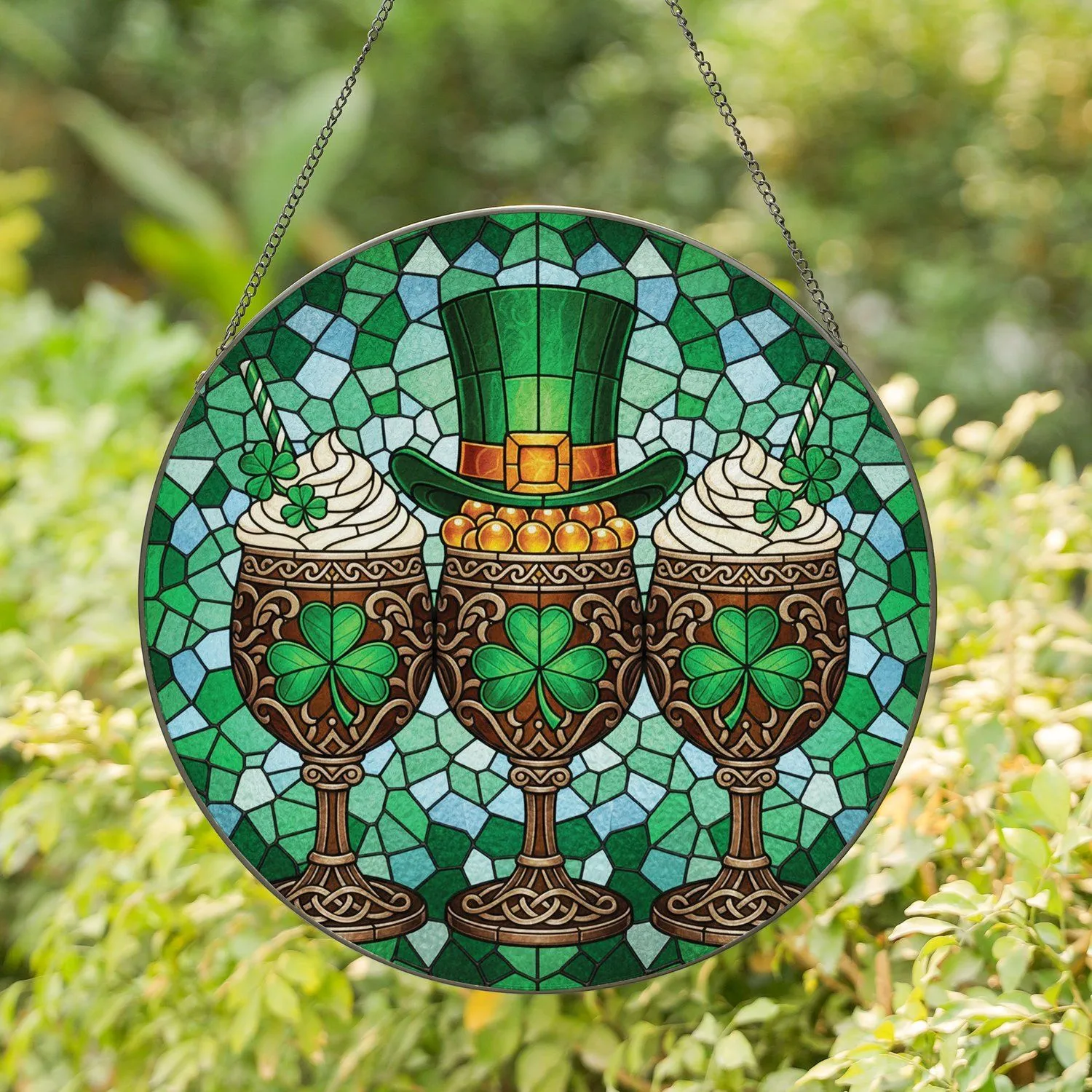 Ornate Festive St. Patrick's Day Goblets Leprechaun Hat Shamrocks - Holiday Decor Stained Glass Suncatcher - 1