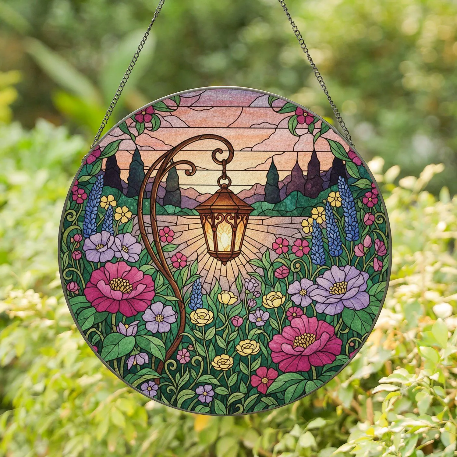 Vintage Lantern Lush Blooming Garden Sunset Scene - Home Decor Gift for Garden Lover Stained Glass Suncatcher - 1