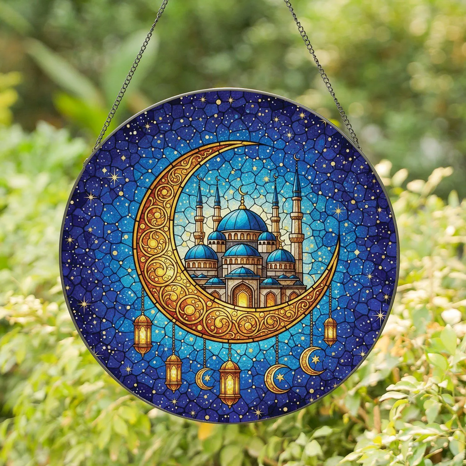 Ornate Crescent Moon Mosque Golden Lanterns Night Sky - Islamic Home Decor Gift Stained Glass Suncatcher - 1