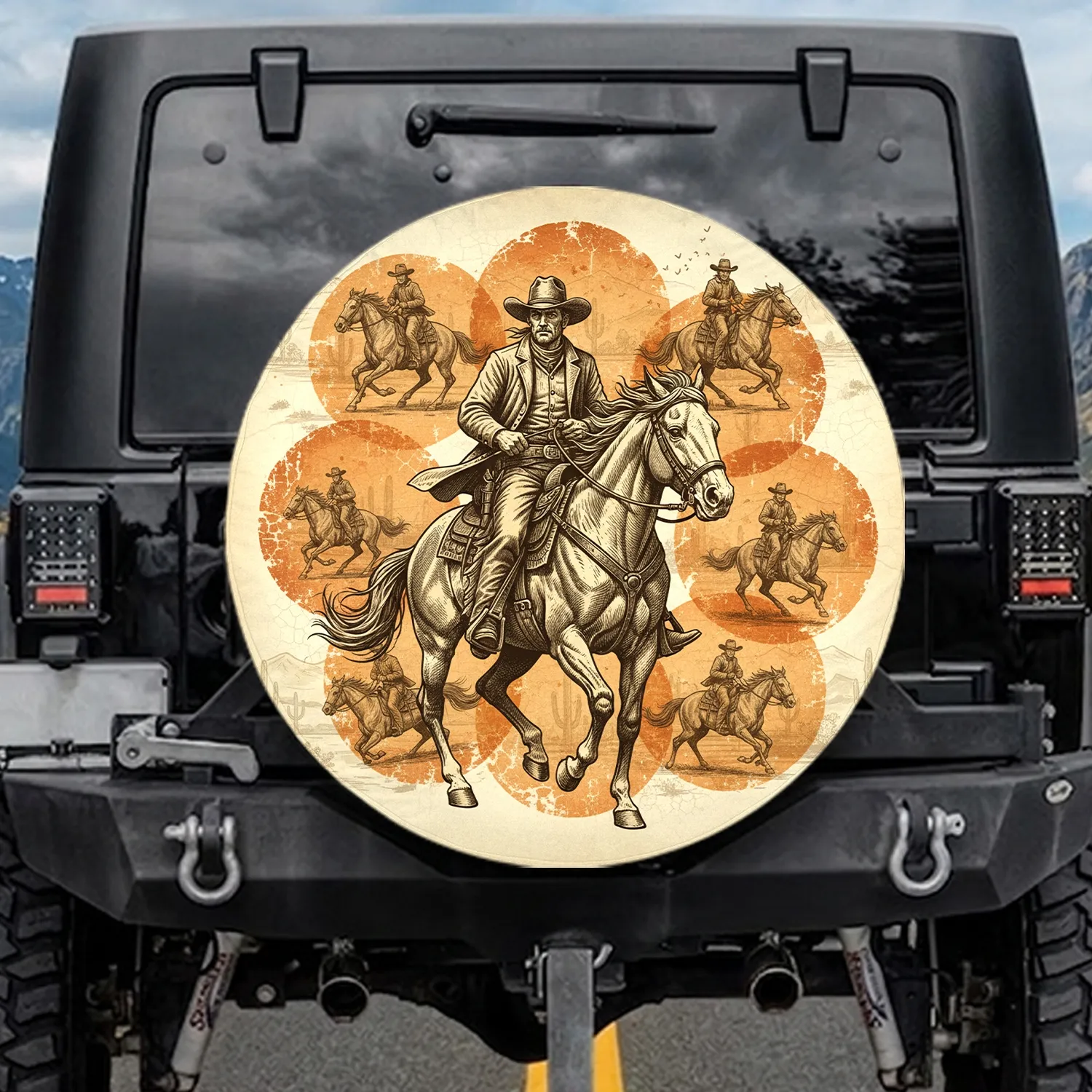 Cowboy Horse Western Landscape - Adventure Travel Gift for Road Tripper Spare Tire Cover - 1