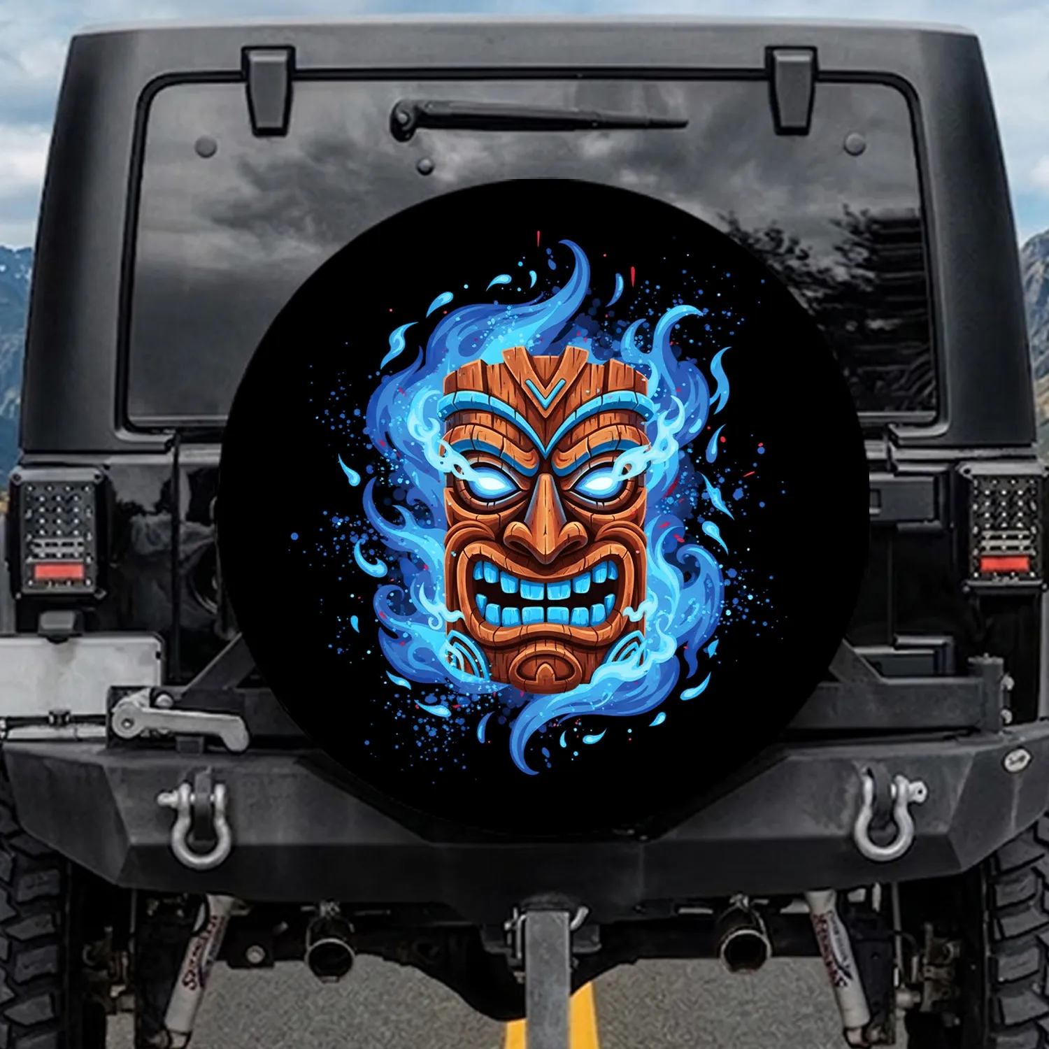 Tiki Mask Tribal Wood Carving Blue Fire Energy - Home Decor Gift Spare Tire Cover - 1