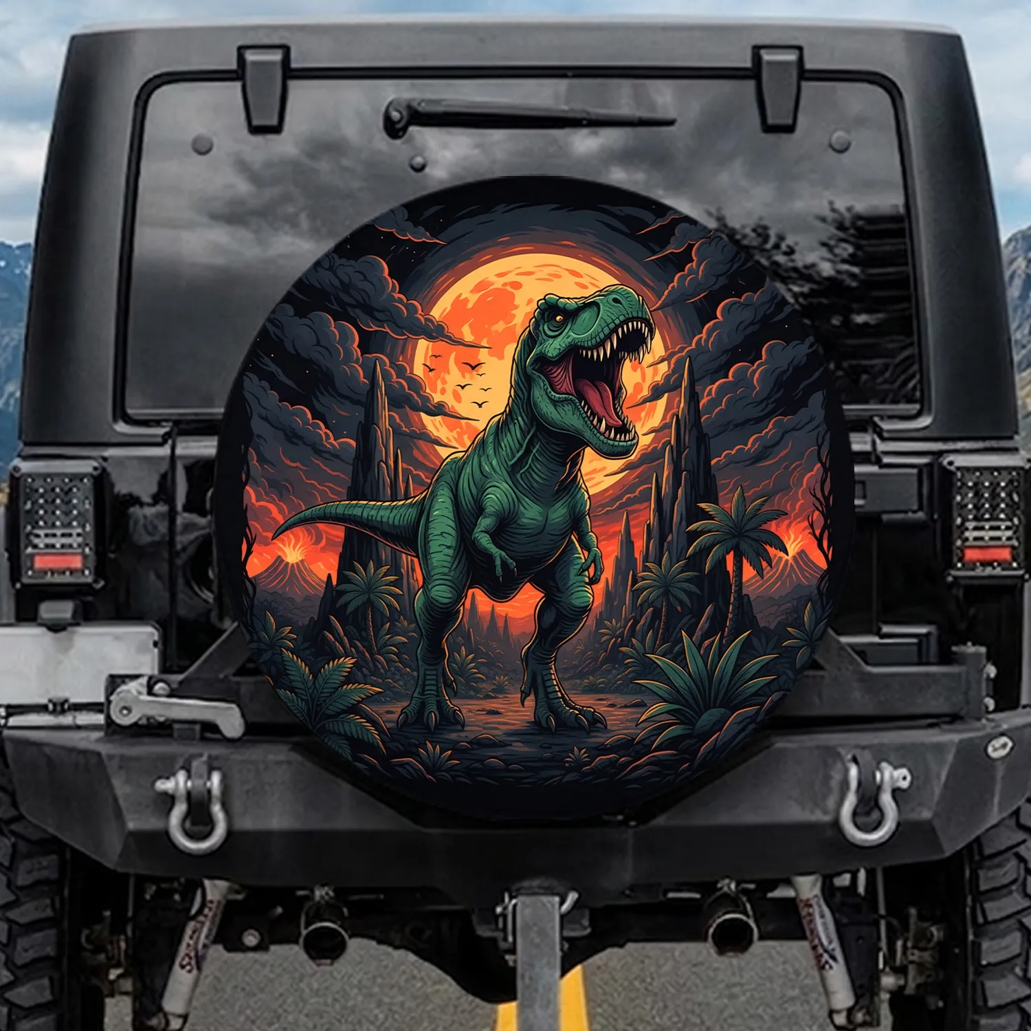 Roaring Green Tyrannosaurus Rex Orange Moon Prehistoric Jungle Landscape - Dinosaur Lover Gift Spare Tire Cover - 1