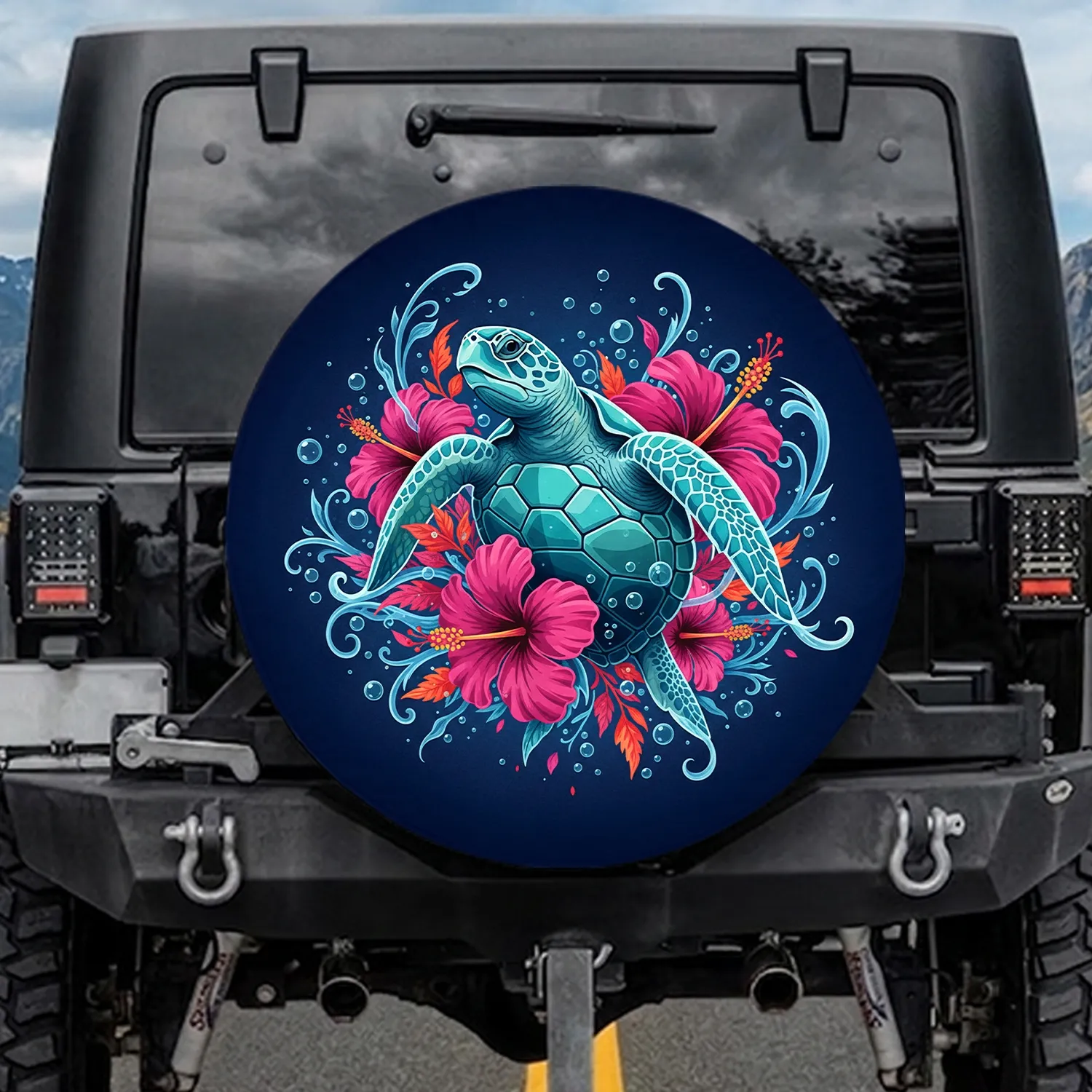 Sea Turtle Hibiscus Flowers Bubbles - Ocean Lover Travel Gift Spare Tire Cover - 1