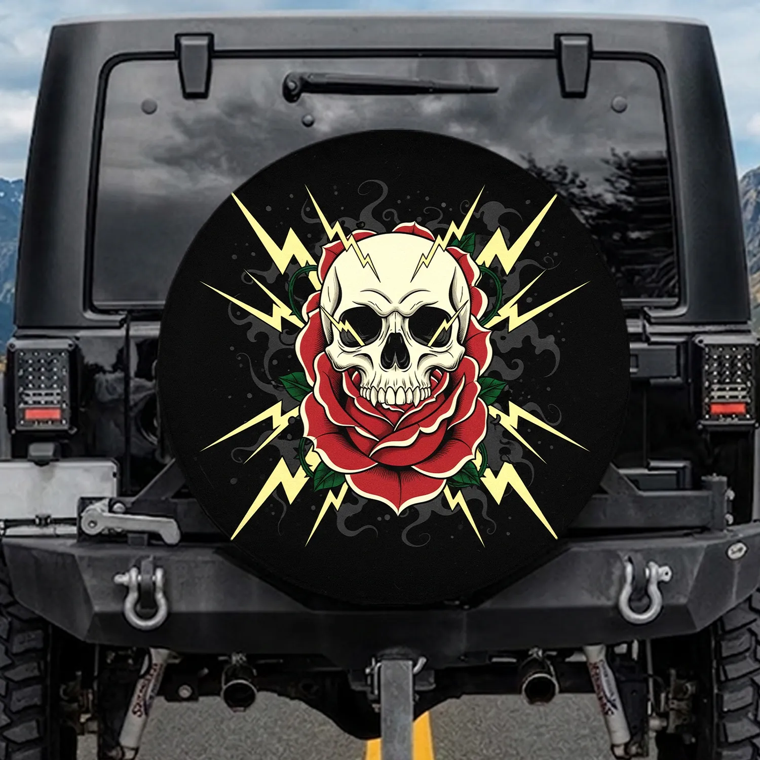 Human Skull Rose Lightning Thorns Smoke Mist - Gothic Home Decor Gift for Rock Music Fan Spare Tire Cover - 1