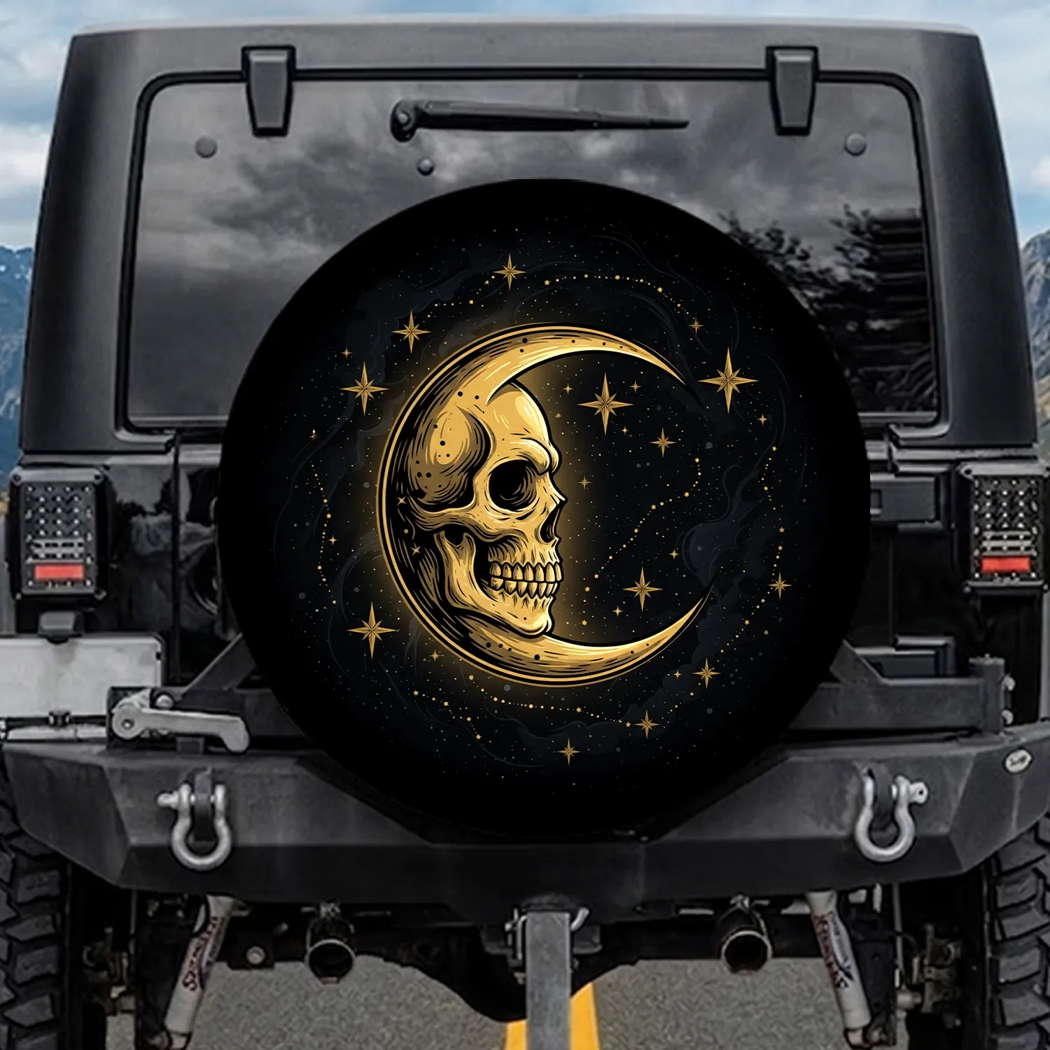 Gold Crescent Moon Skull Stars - Cosmic Night Decor Gift for Mystery Lover Spare Tire Cover - 1