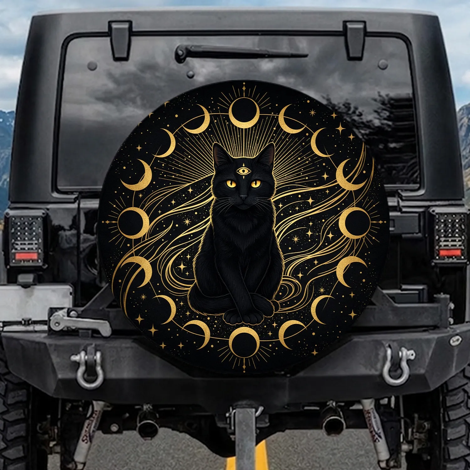 Black Cat Golden Eye Moon Phases Gold Stars - Cat Lover Home Decor Gift Spare Tire Cover - 1