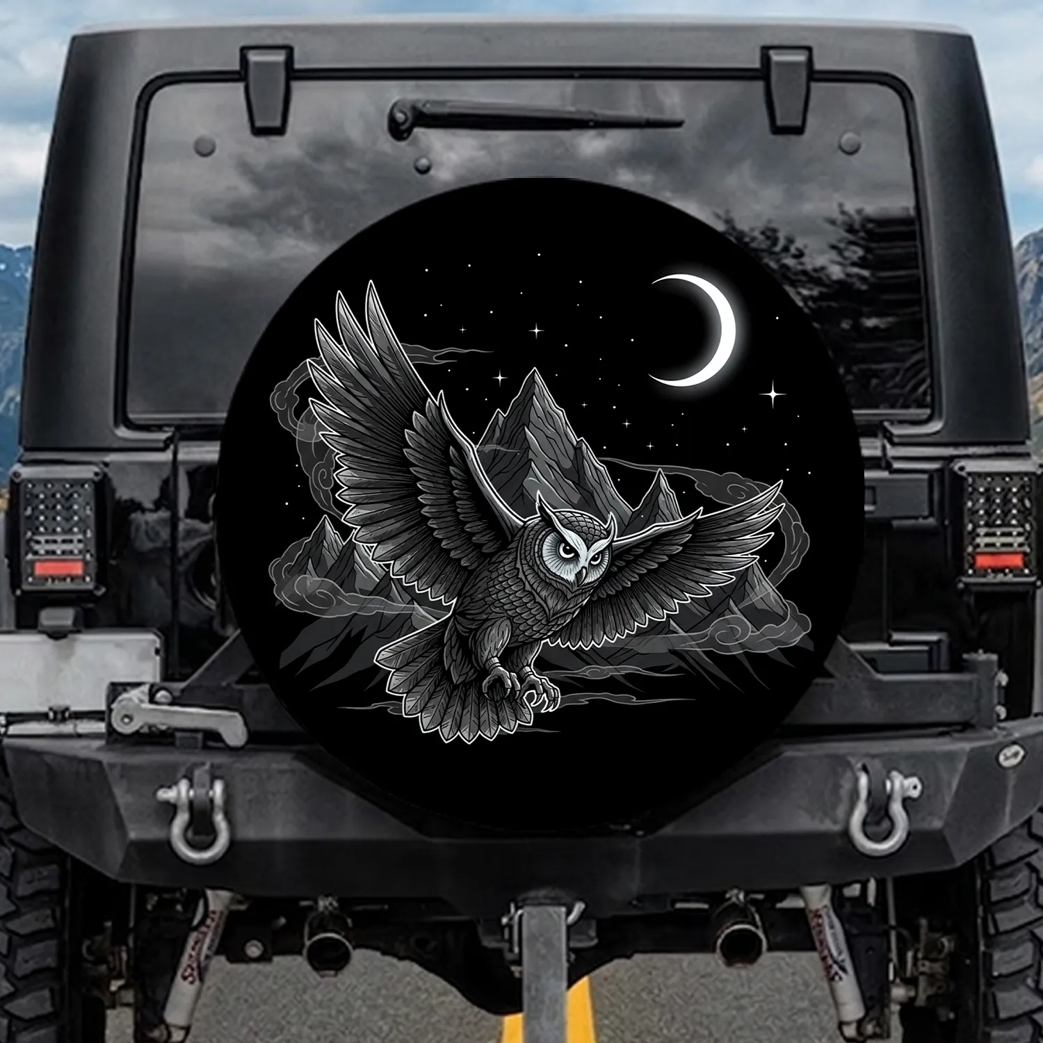 Majestic Owl Geometric Mountain Starry Night Crescent Moon - Nature Lover Gift Spare Tire Cover - 1