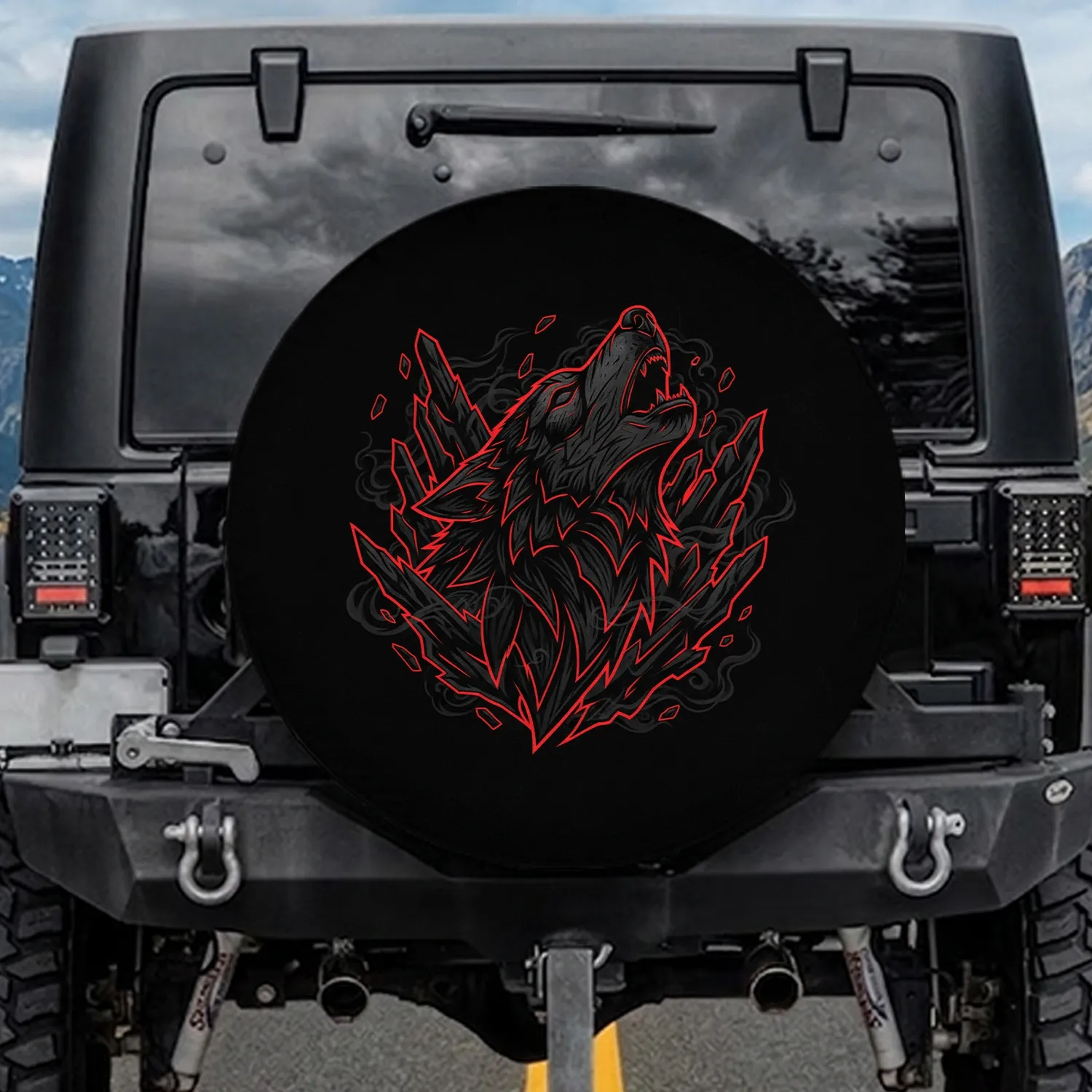 Crimson Howling Wolf Head Rock Formations - Wildlife Lover Gift Spare Tire Cover - 1