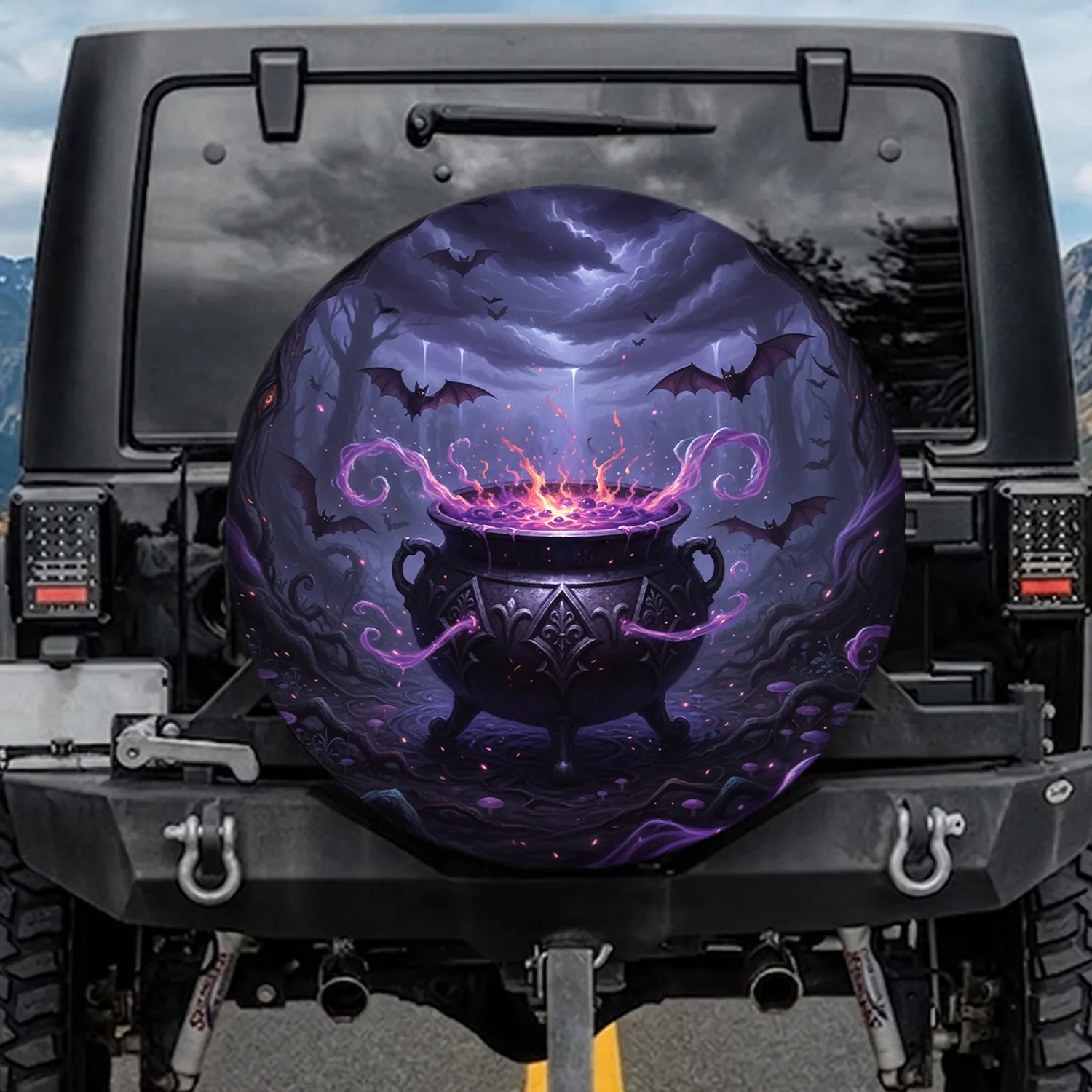 Ornate Dark Cauldron Glowing Potion Mystical Forest Bats - Fantasy Lover Gift Spare Tire Cover - 1