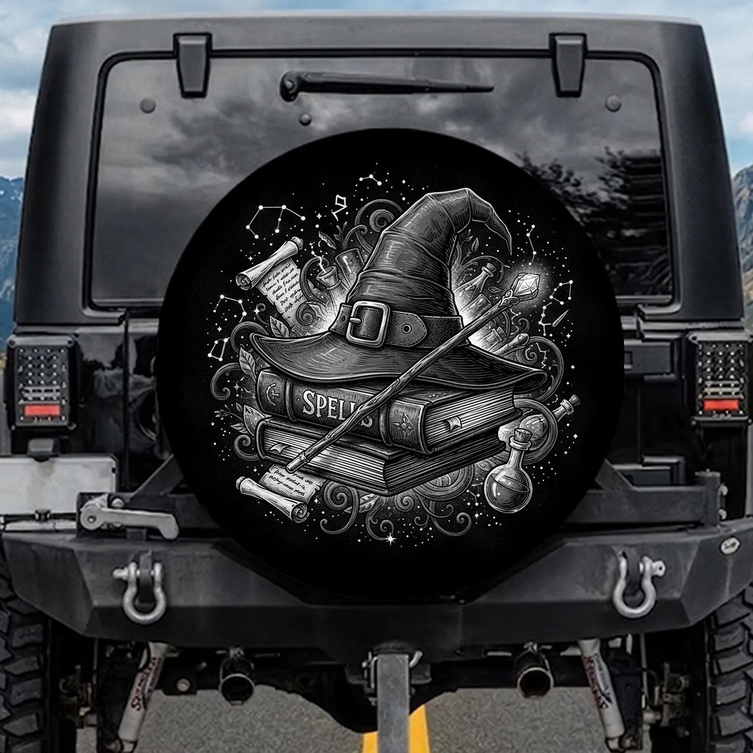 Classic Witch Hat Stacked Spellbooks Magic Wand Spells Book Cosmic Energy - Home Decor Gift Spare Tire Cover - 1