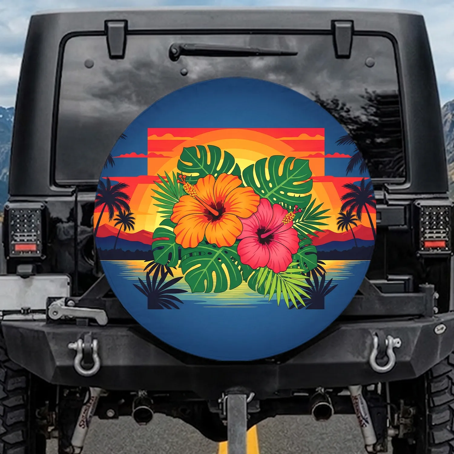 Hibiscus Palm Trees Tropical Sunset Landscape - Home Decor Gift Spare Tire Cover - 1
