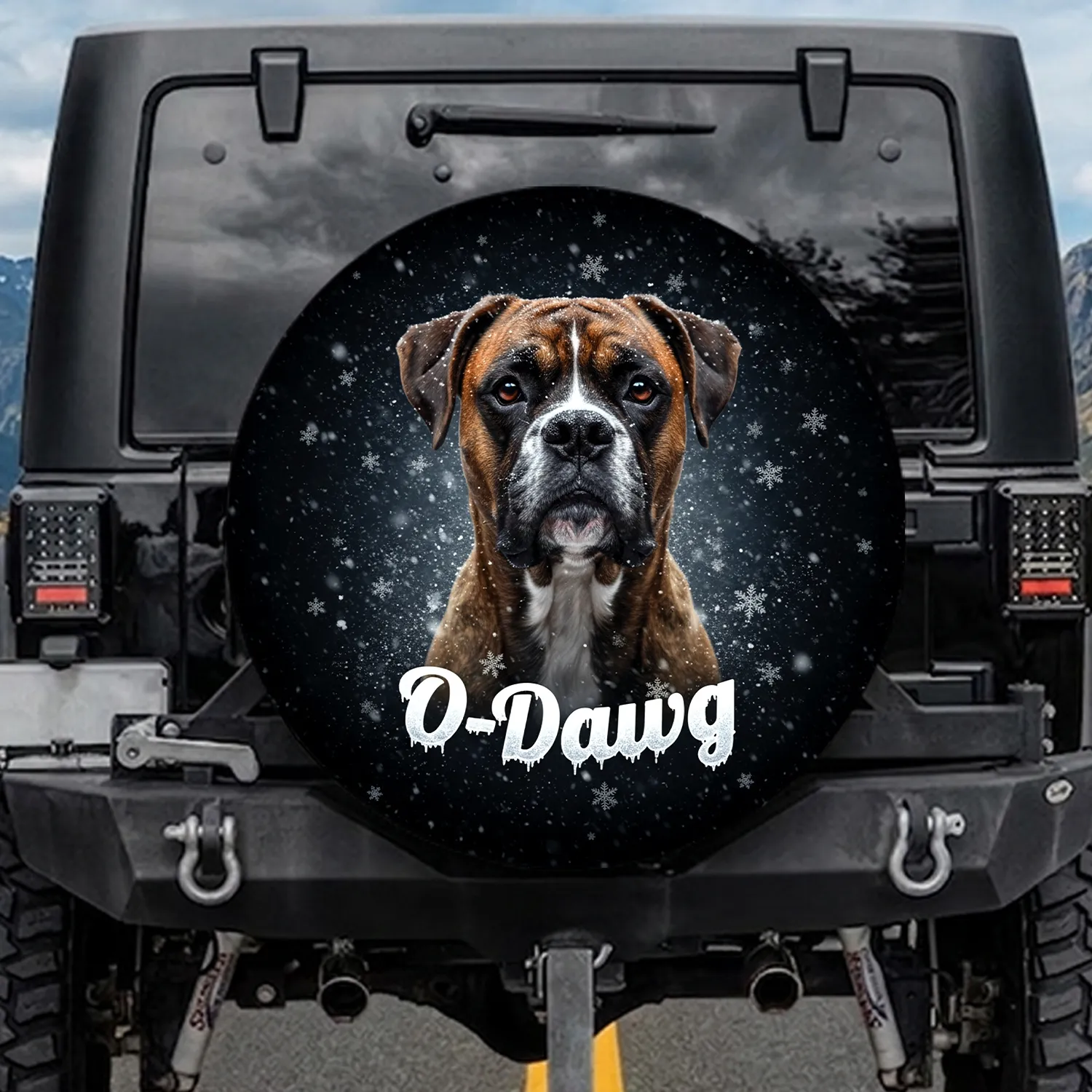 Majestic Brindle Boxer Dog Snowstorm O-Dawg Text - Winter Scene Dog Lover Gift Spare Tire Cover - 1