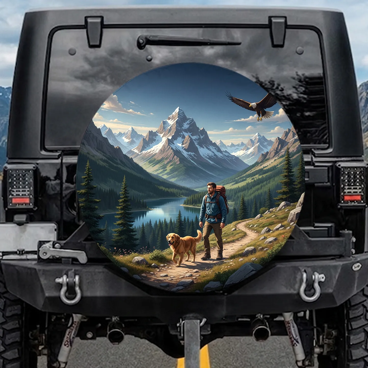 Golden Retriever Hiker Mountain Lake Forest Eagle - Travel Essentials Gift for Outdoorsman Spare Tire Cover - 1