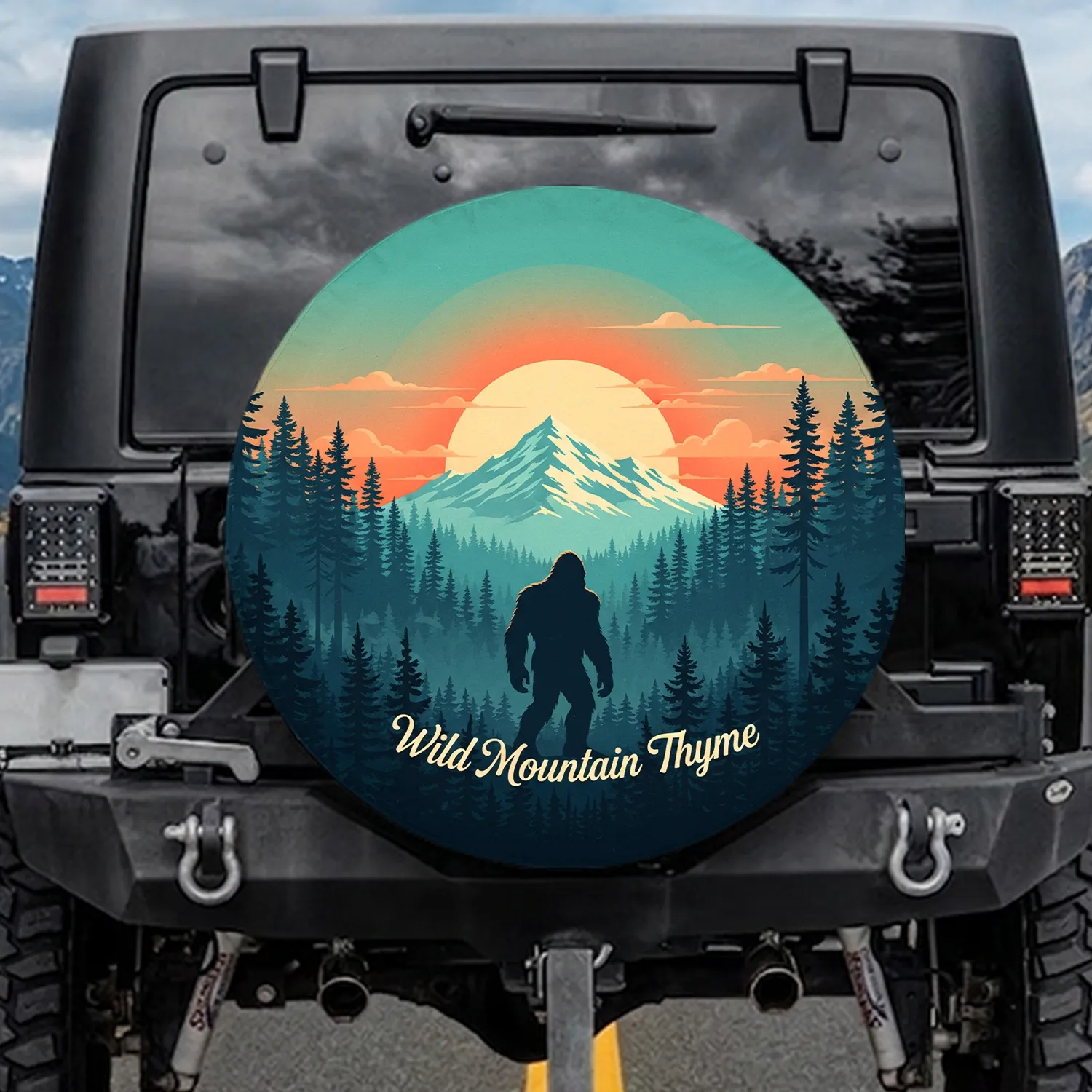 Bigfoot Wild Mountain Thyme Forest Snow Mountain Orange Sun - Outdoor Lover Gift Spare Tire Cover - 1