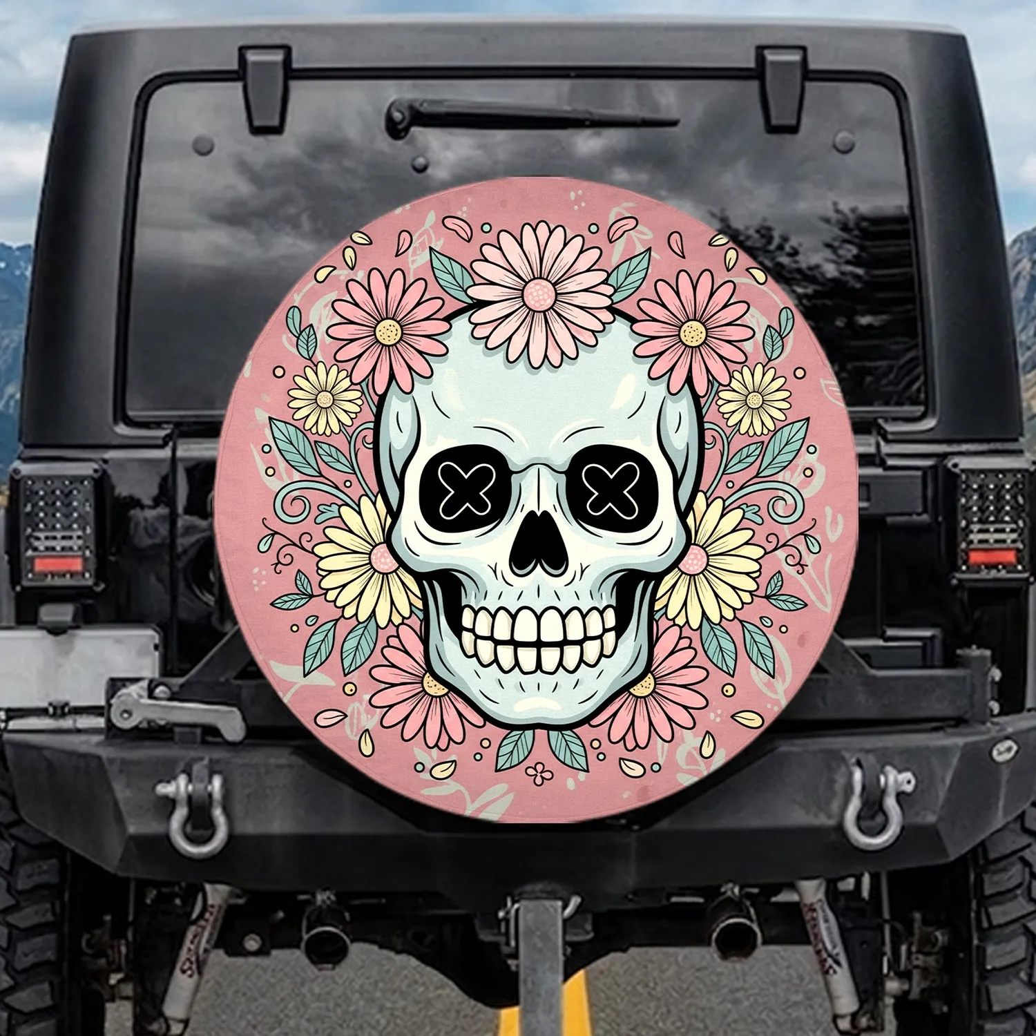 Cross Eyes Heart Nose Skull Daisies Leaves Petals Tendrils - Home Decor Gift Spare Tire Cover - 1