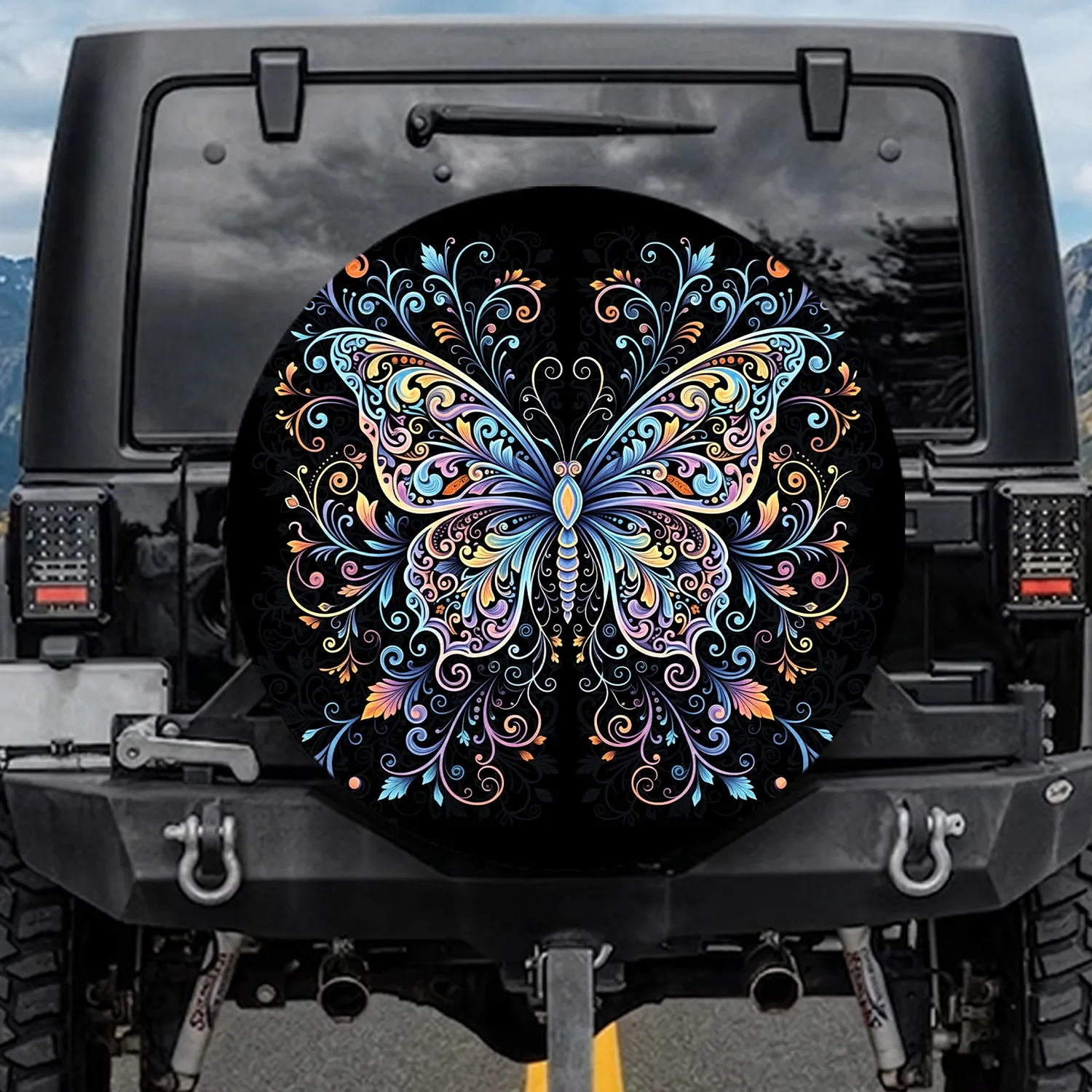 Filigree Butterfly Swirls Floral Scrollwork Midnight Black - Traveler Gift Spare Tire Cover - 1