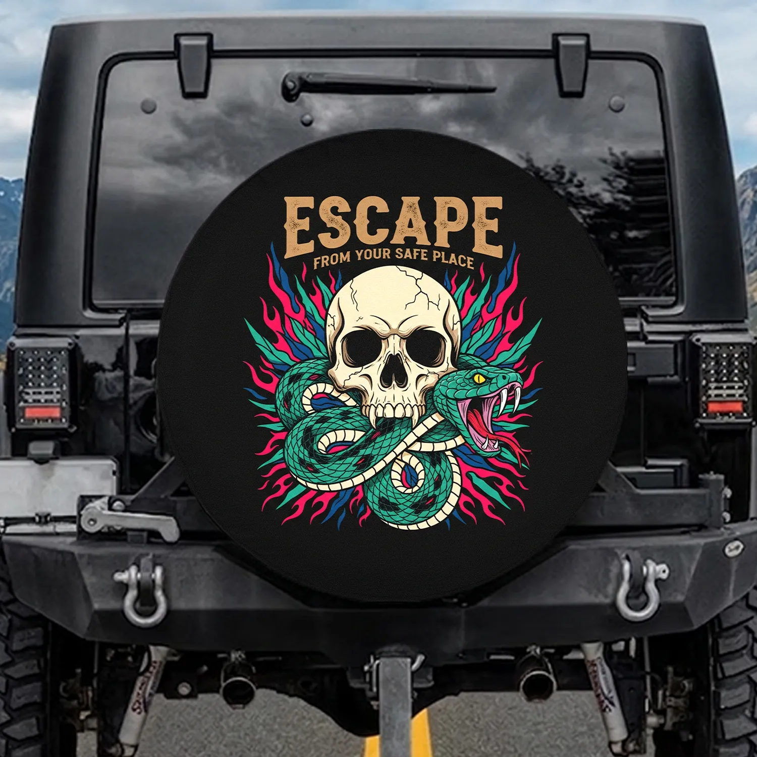 Cracked Weathered Skull Viper Snake Escape From Your Safe Place - Distinct Defiant Decor Spare Tire Cover - 1