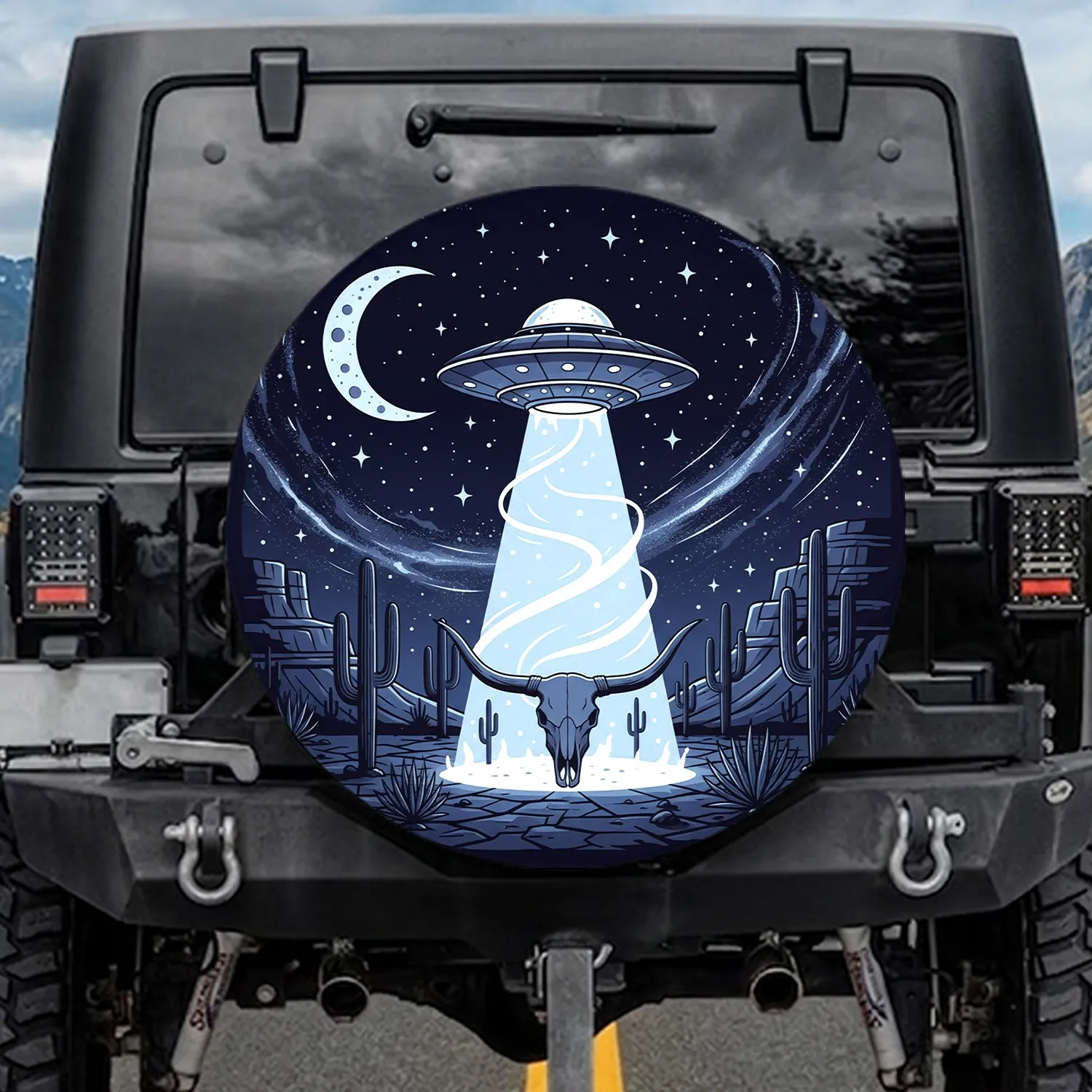 UFO Abduction Longhorn Cow Skull Desert Night Sky - Adventure Seeker Gift Spare Tire Cover - 1
