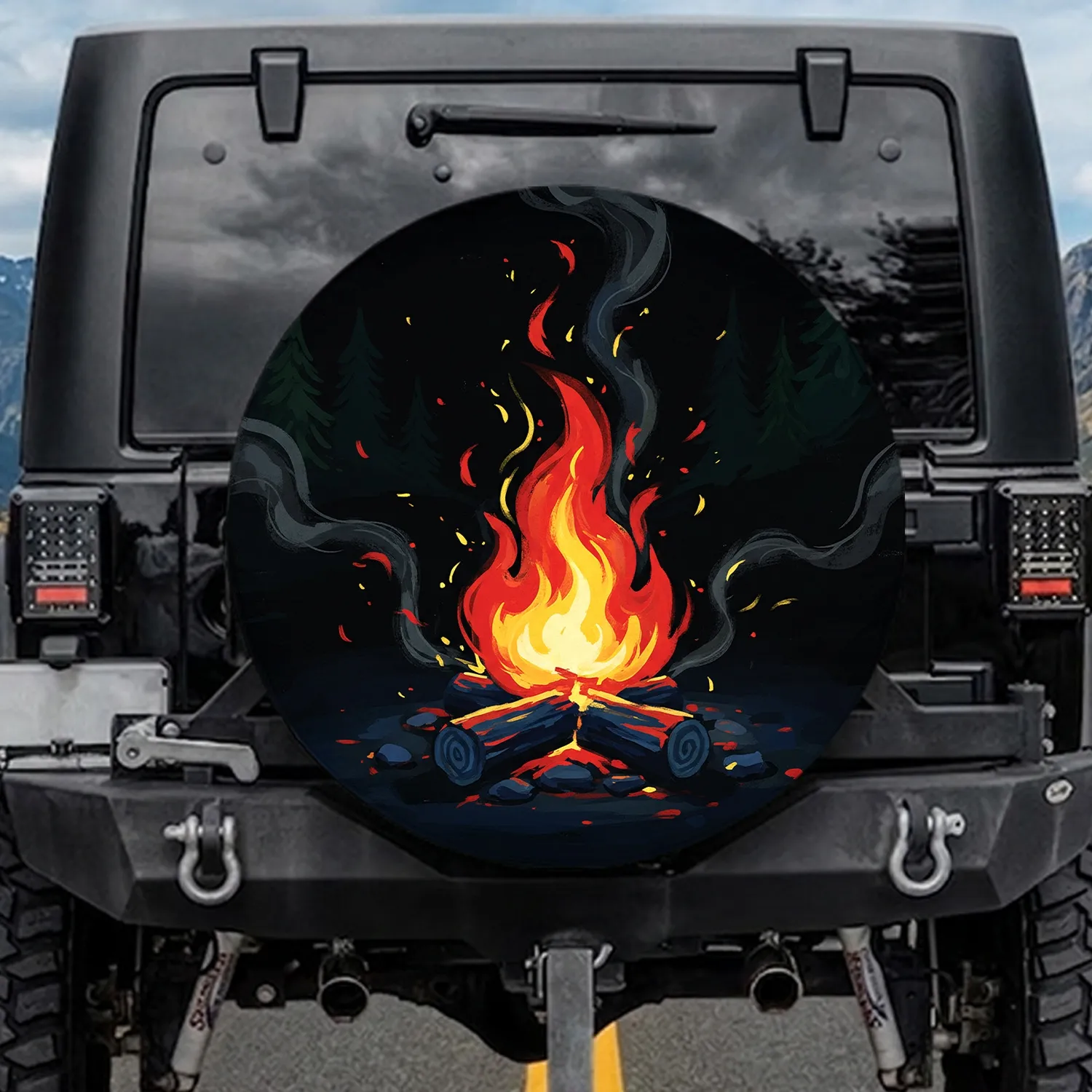 Campfire Flames Logs Evergreen Trees - Outdoor Lover Gift Spare Tire Cover - 1