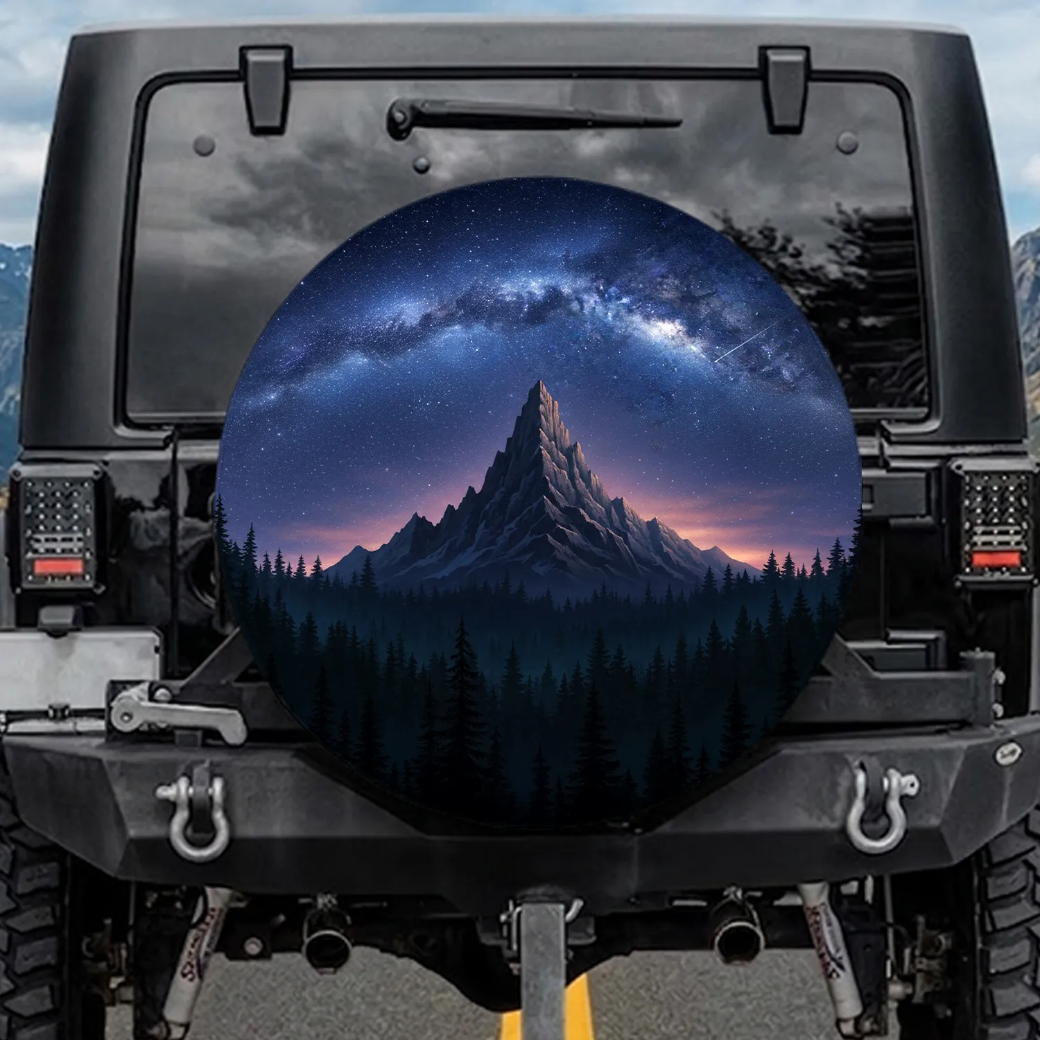 Mountain Peak Milky Way Pine Forest Night - Outdoor Adventurer Gift Spare Tire Cover - 1